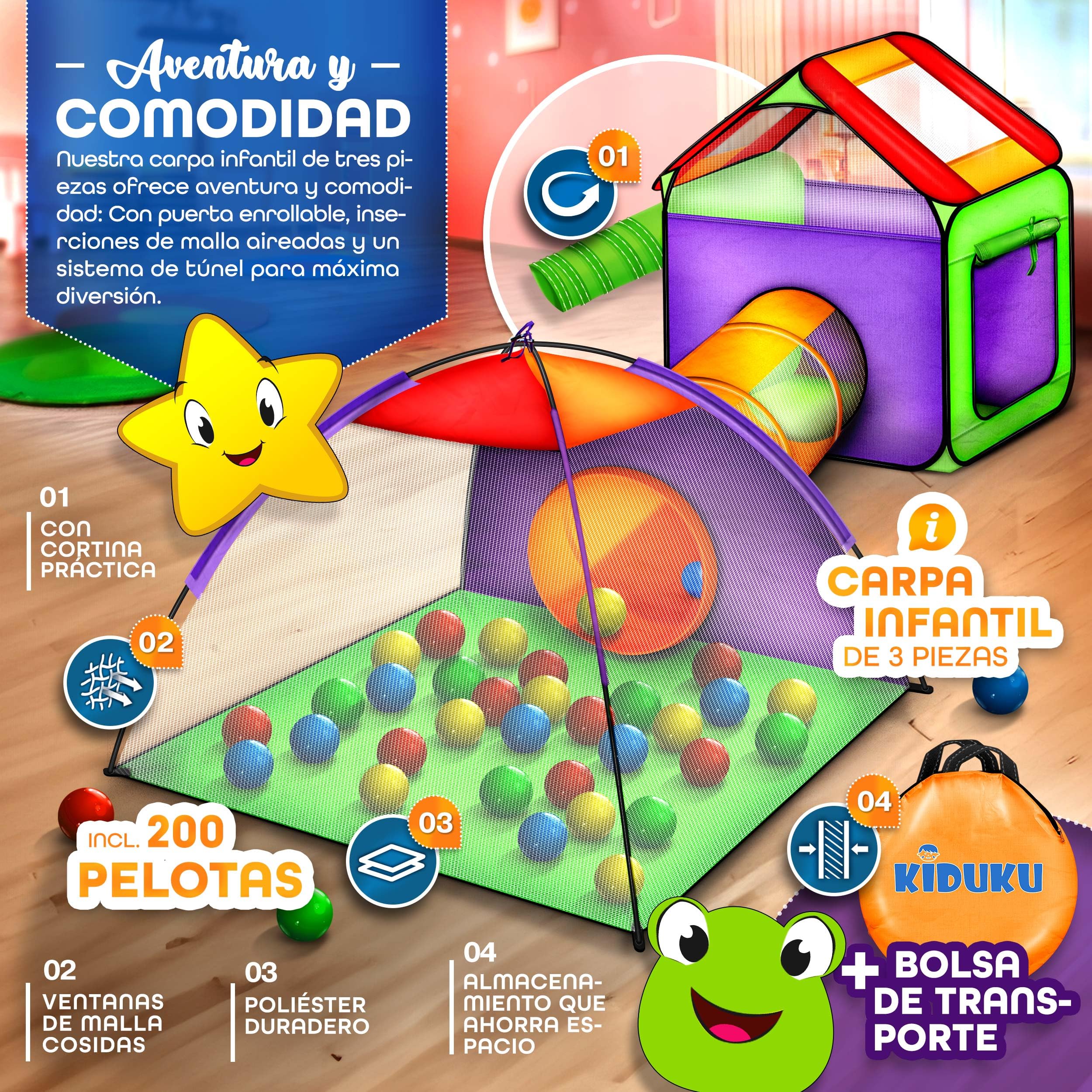 KIDUKU® 3 en 1 Iglú Infantil para Juegos/Tienda de campaña para niños + Túnel de Tela + 200 Bolas + Bolsa para Transportar – Uso Interior y Exterior