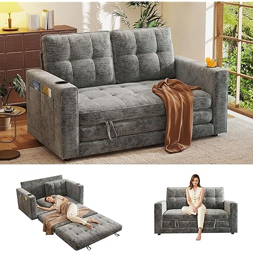 55" Convertible Folding Sofa Bed, Pull Out Couch Love Seat Sleeper Bed, Small Fold Out Loveseat sleeper with Cup Holder and Pillow for Small Space, Bedroom Lounge, Dorm, Living Room(Grey Chenille)
