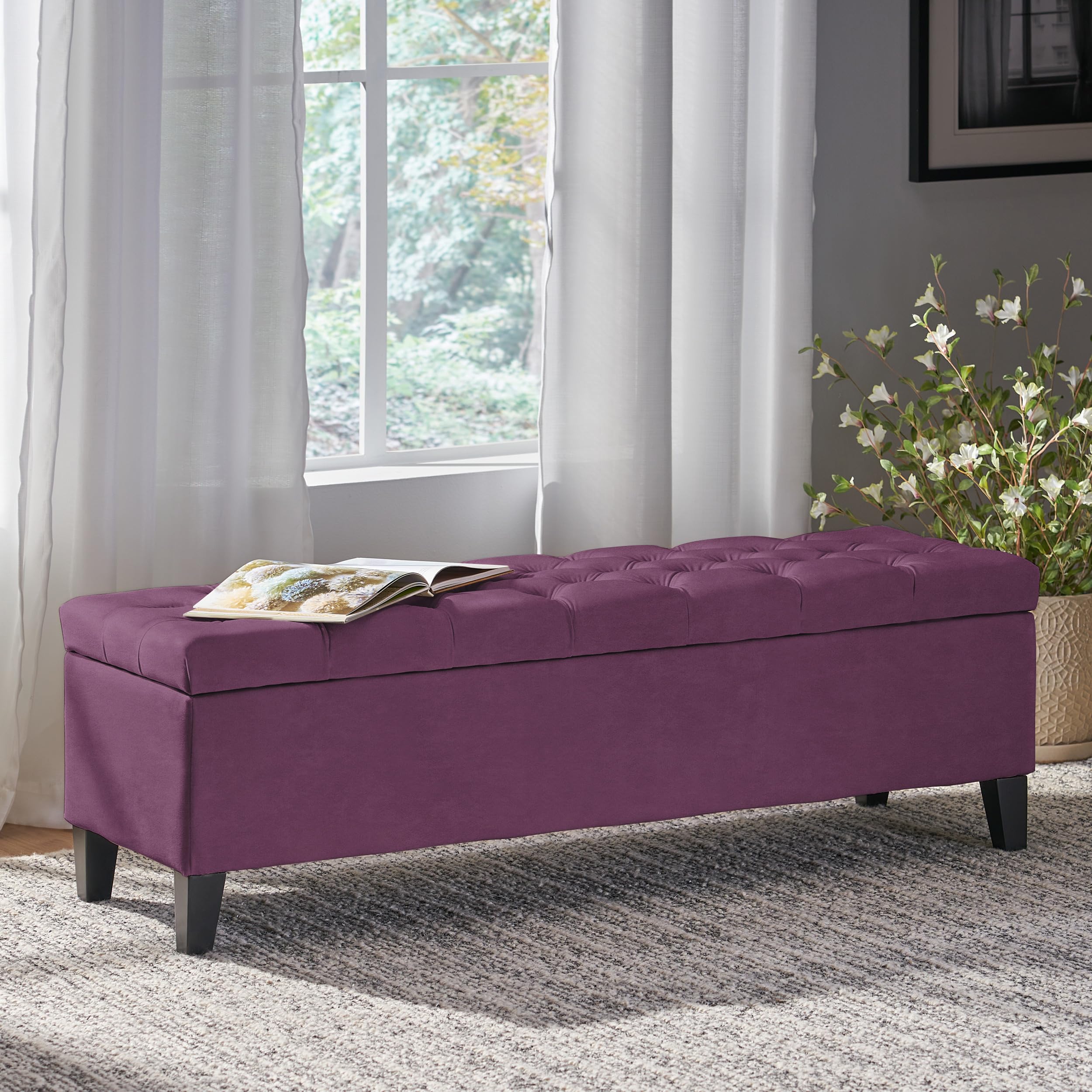 Christopher Knight Home Gloust Velvet Storage Ottoman, Upholstered Rectangular Storage Bench, Living Room Seating, Tufted BottonFoot Rest Stool for