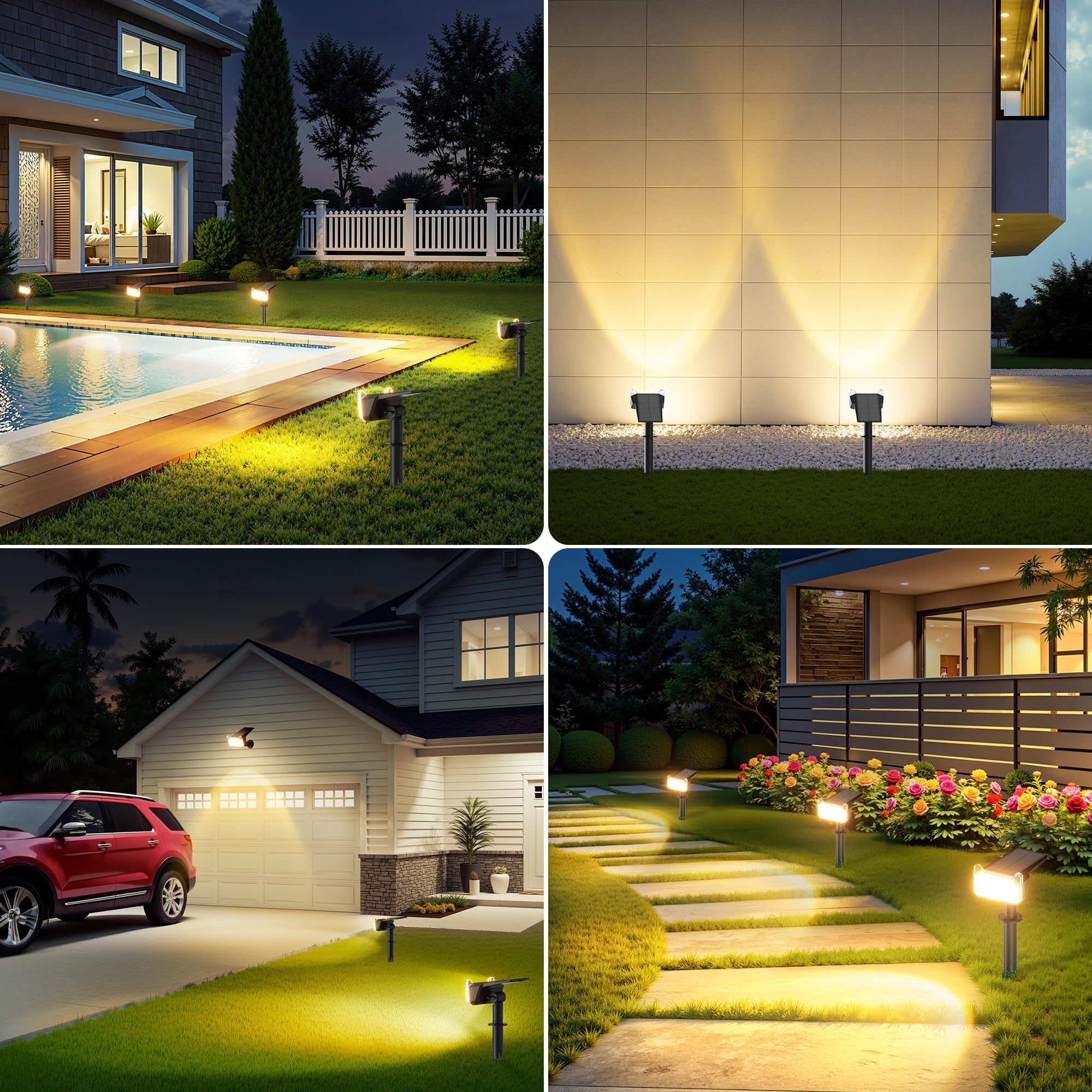 GEARLITE Spot Solaire Exterieur Puissant, Lot de 4 Lampes Solaires Exterieures Jardin 3000K Lumière Blanc Chaud, 2 Modes d'Éclairage, IP65 Étanche Eclairage Exterieur Solaire pour Chemin Allée