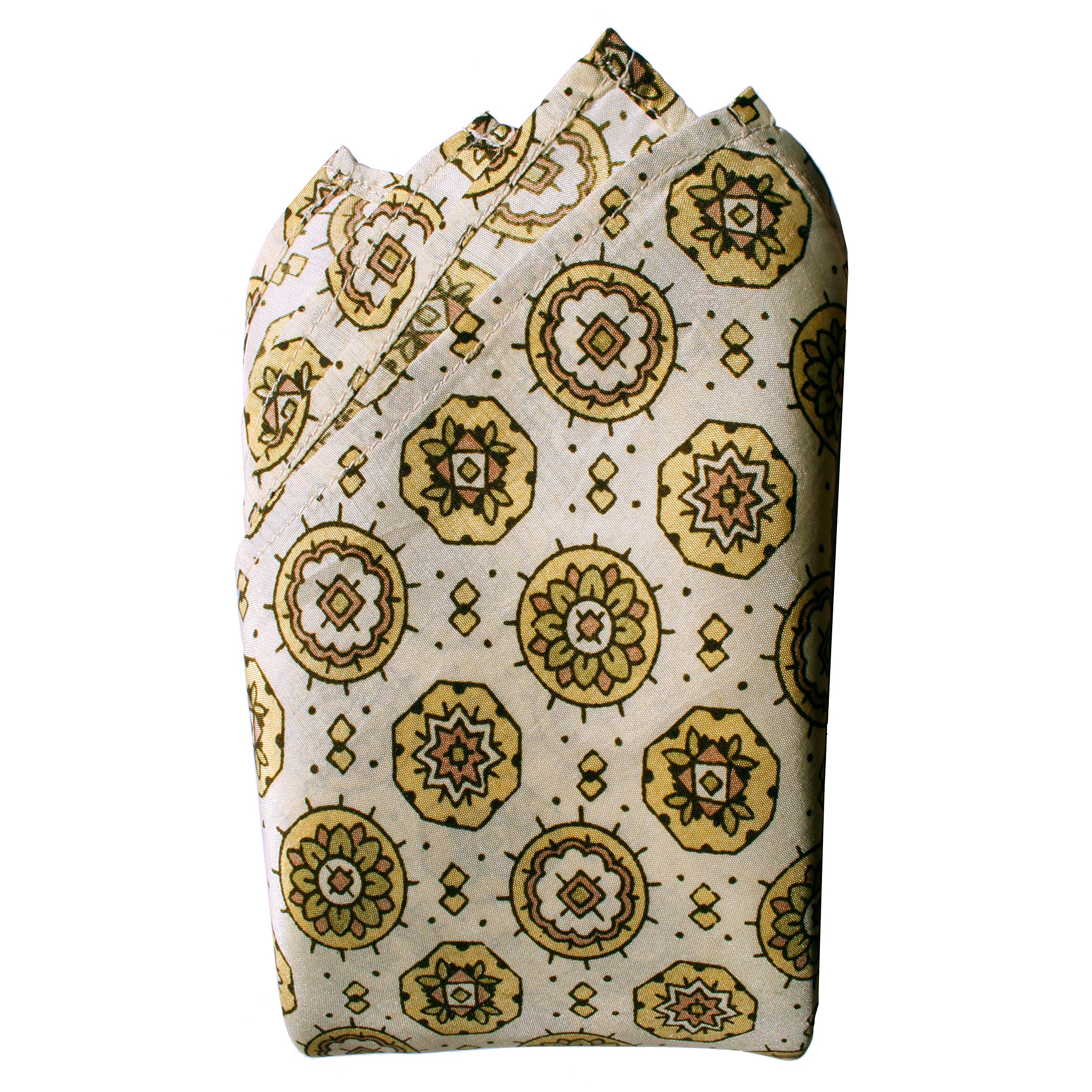 Royal Silk White Ivory Medallion Print Silk Pocket Square 100% Mulberry Silk - Large 16” Square