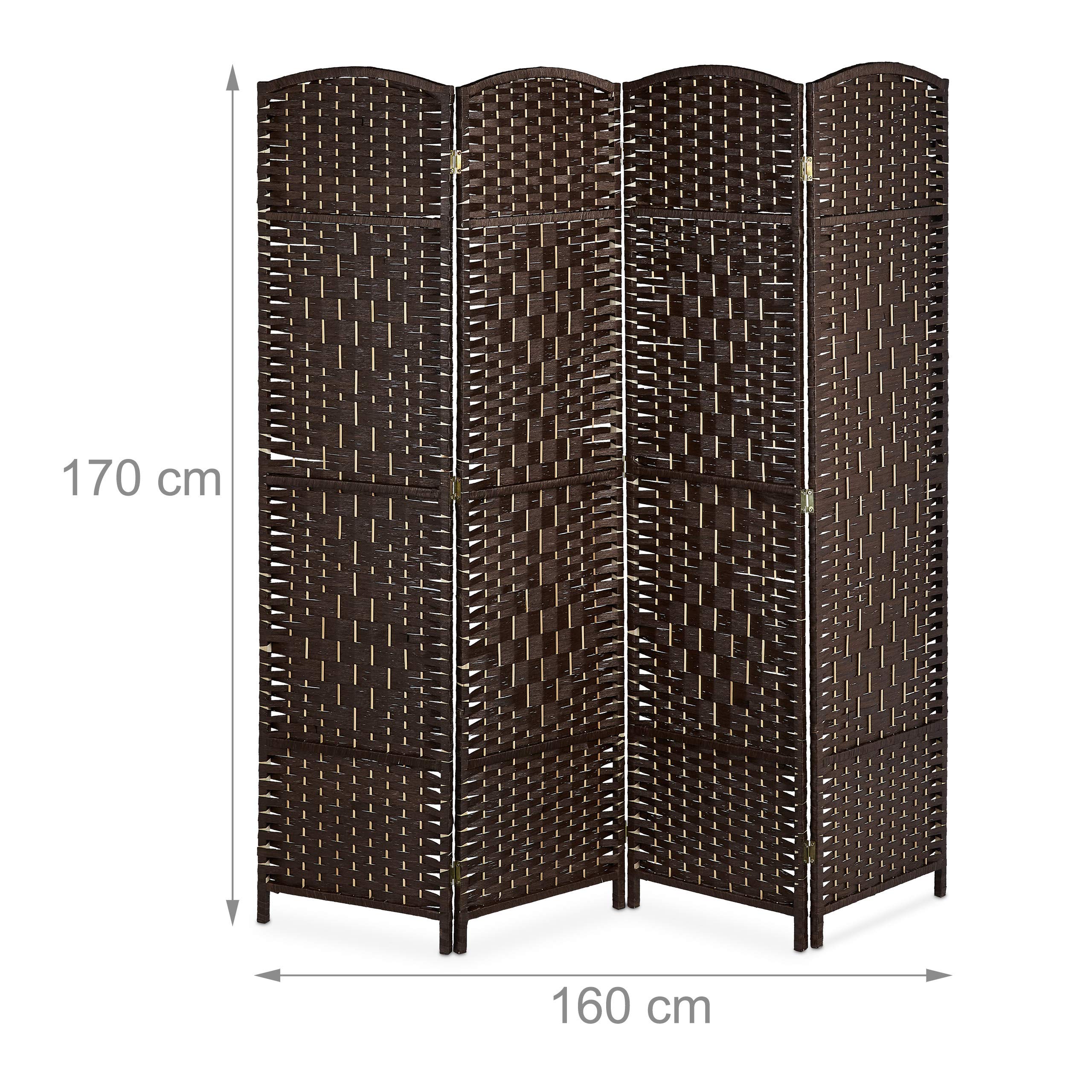 Relaxdays Biombo 4 Paneles, 170 x 160 cm, Separador Ambientes Plegable, Madera y Cuerda de Papel, Mampara en Marrón