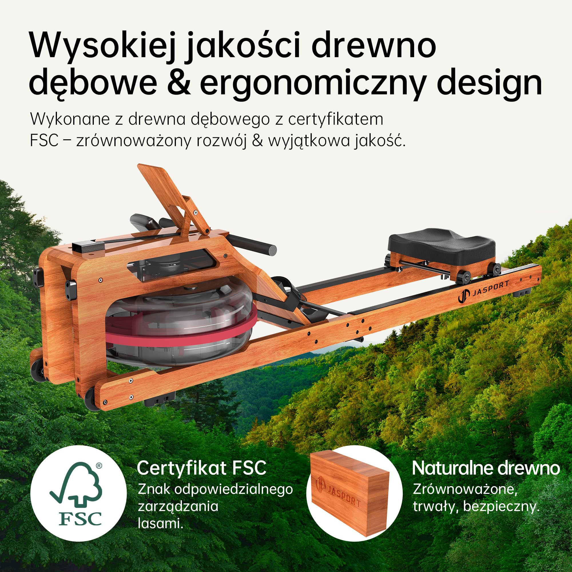 R3 składany wioślarz z drewna dębowego, LCD Bluetooth, kompatybilny z Kinomap, zbiornik 28 l, maks. obciążenie 150 kg, ergonomiczne siedzisko, regulowany uchwyt na tablet.
