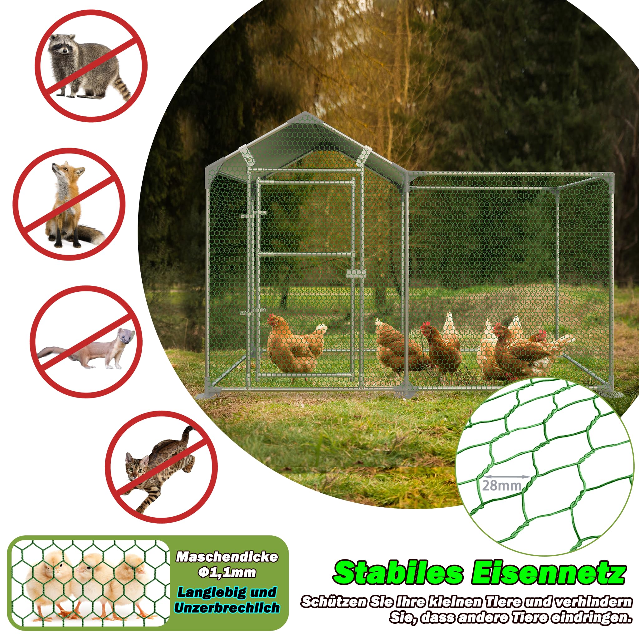 3x1m Hühnerstall, Freilaufgehege Kaninchen aus Verzinkter Stahl, Voliere Outdoor Wachtelstall mit Tür und PE Schatten Plane für Hühner Kleintiere, 3 m²