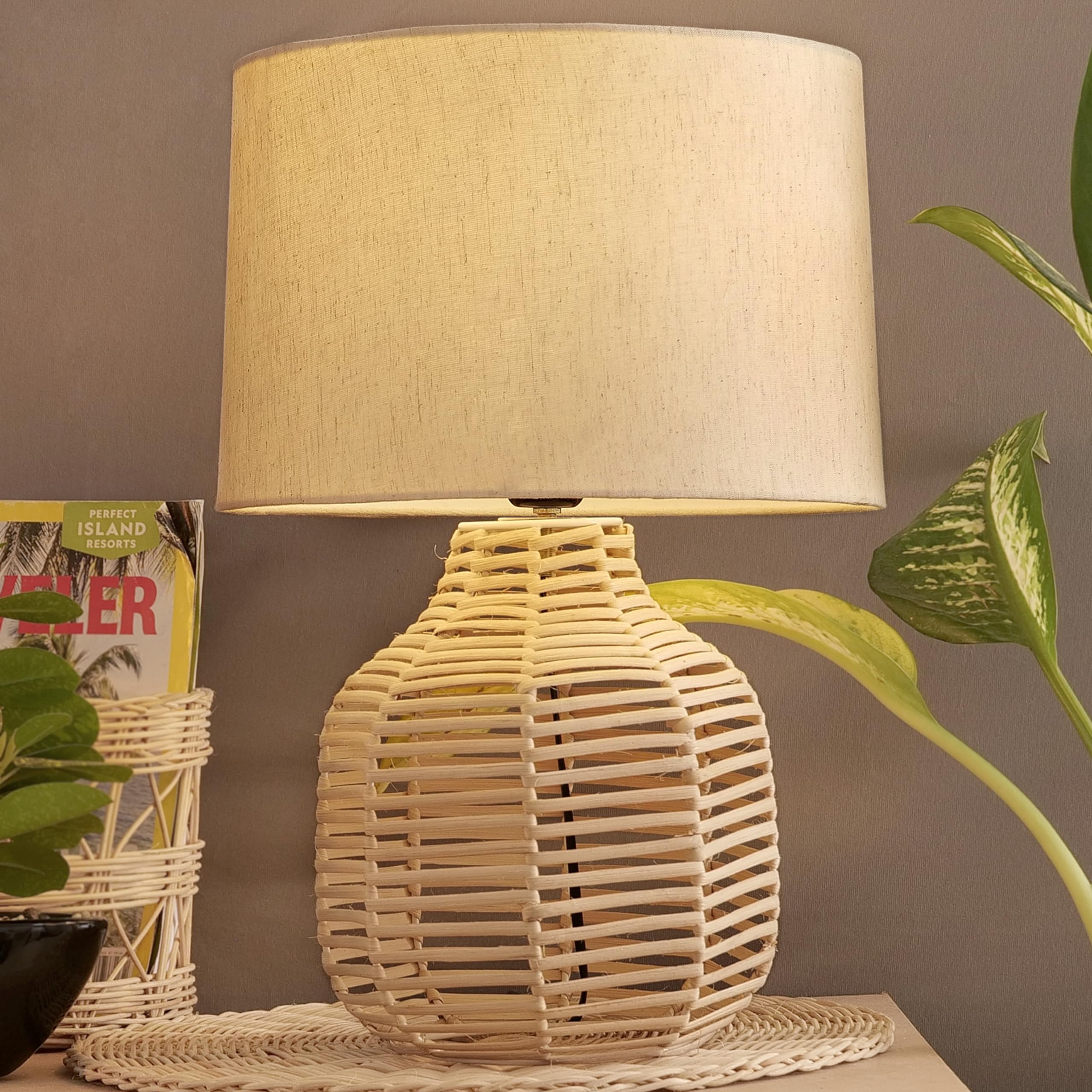 Decazone Rattan Handmade Wicker Table Lamp, Beside Table Lamps, Study Table Lamps, Side Lamps Light Decoration for Home, Living Room, Bedroom Bedside, Hall (Boho Bask Table Lamp)