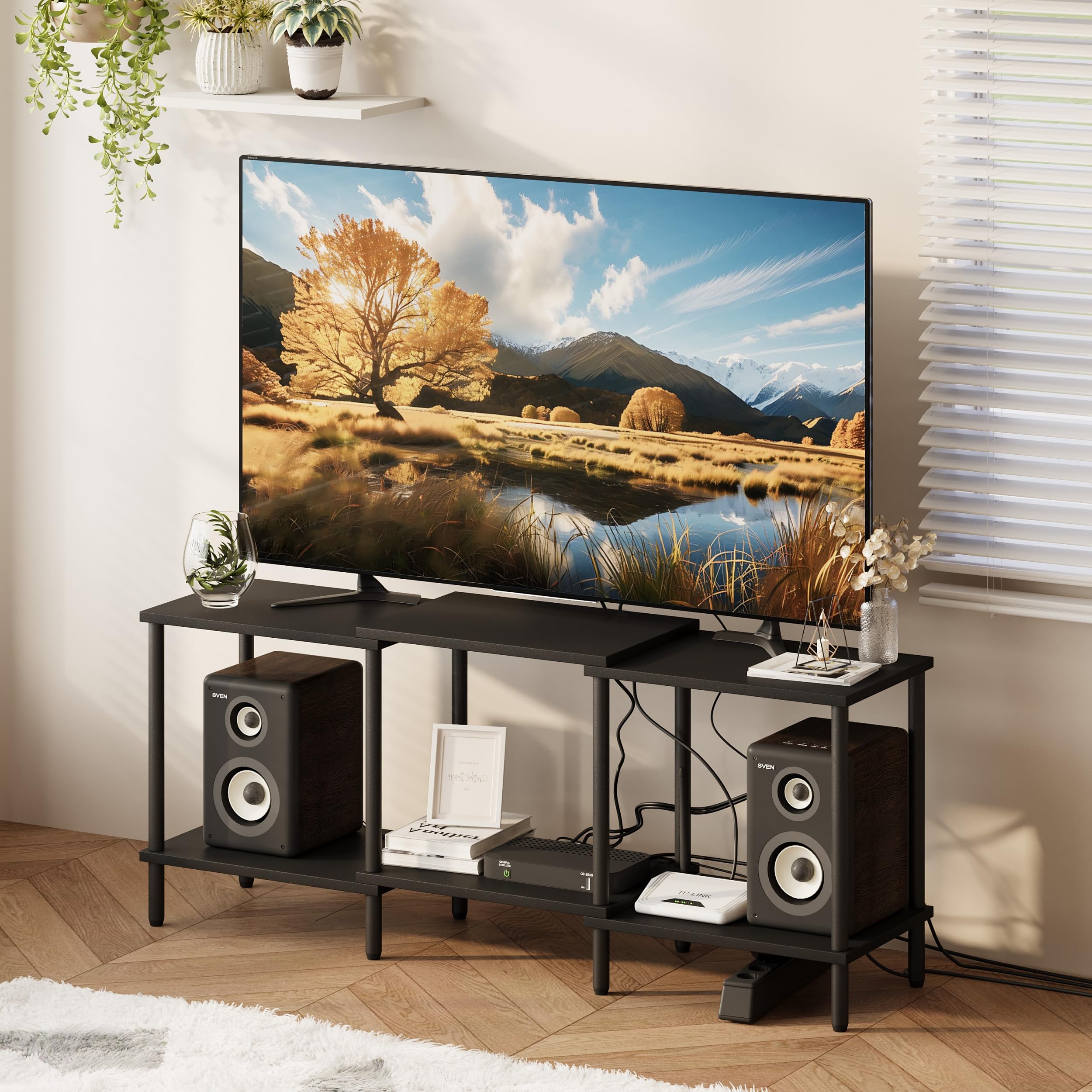 TV Schrank TV Board Sideboard Fernsehtisch aus Holz 2 Ebenen offene Fächer für Wohnzimmer und Schlafzimmer Schwarz LTS107BK