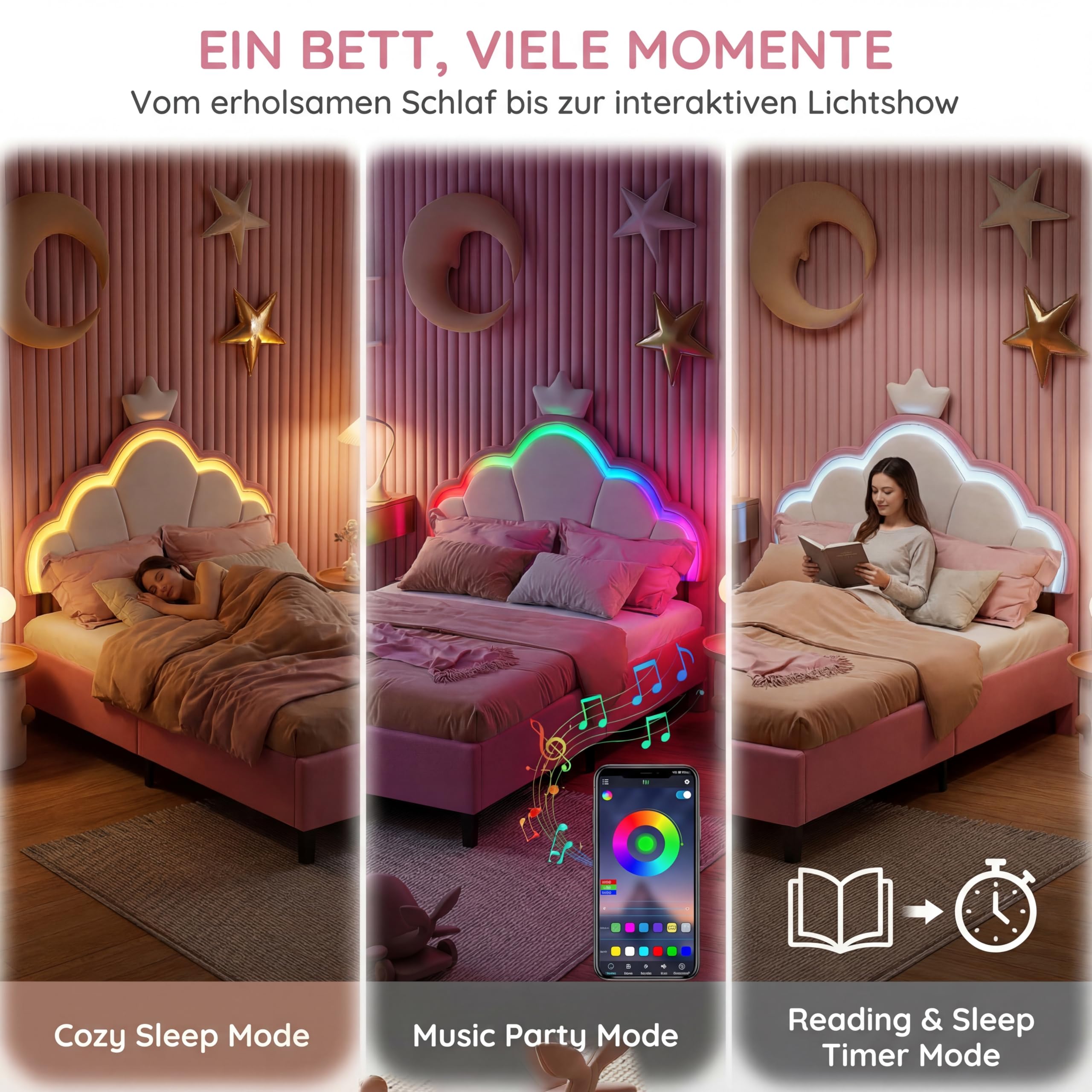 Polsterbett Kinderbett 90x200 cm, Mädchenbett Prinzessinnenbett mit LED, Höhenverstellbares Kopfteil, Einzelbett Bettgestell mit Lattenrost für Schlafzimmer, Loft, Samtstoff, Rosa