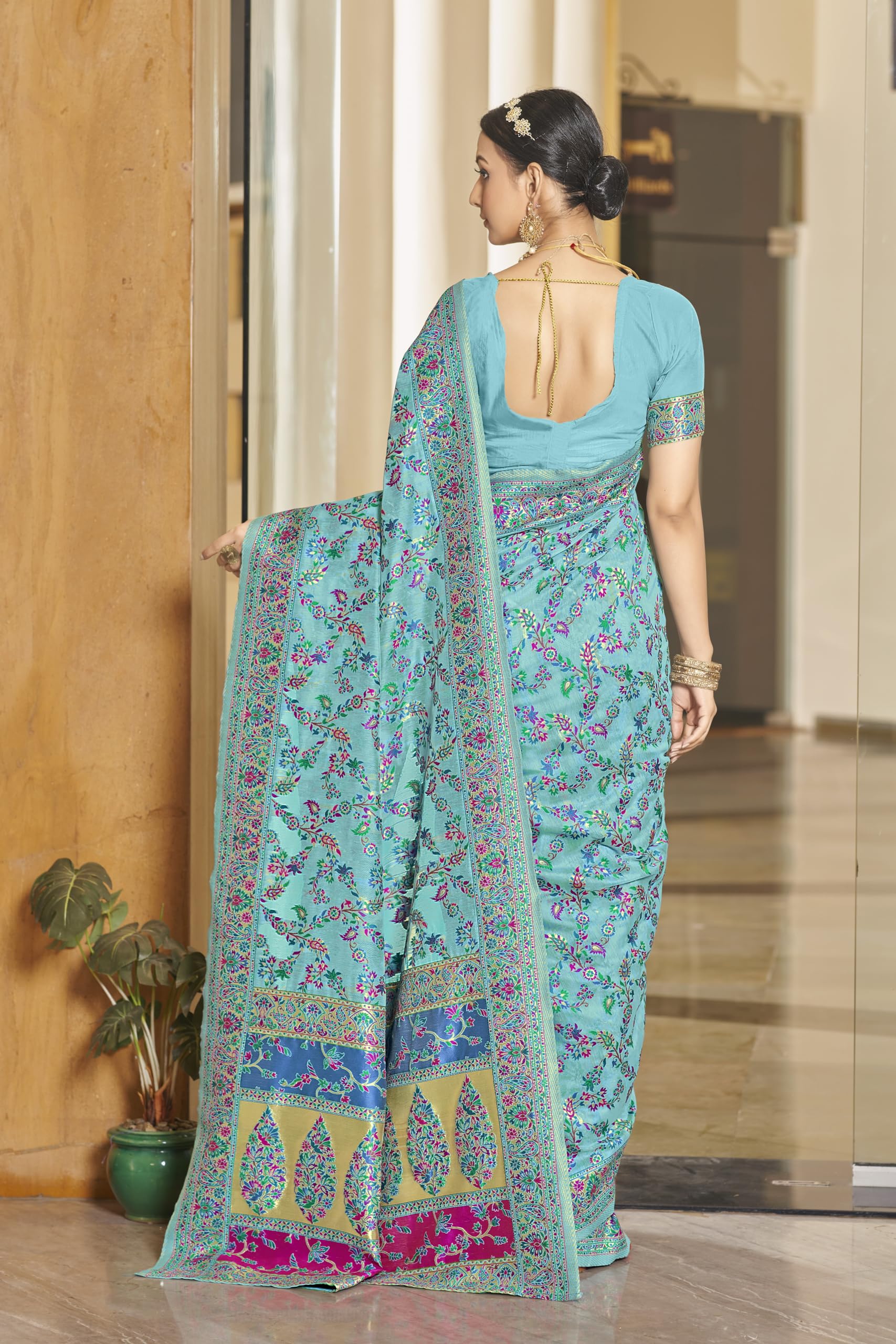 Glory Sarees Women's Kashmiri Cotton Woven Saree With Blouse Piece (Heritage_Silk111_Firozi) 2