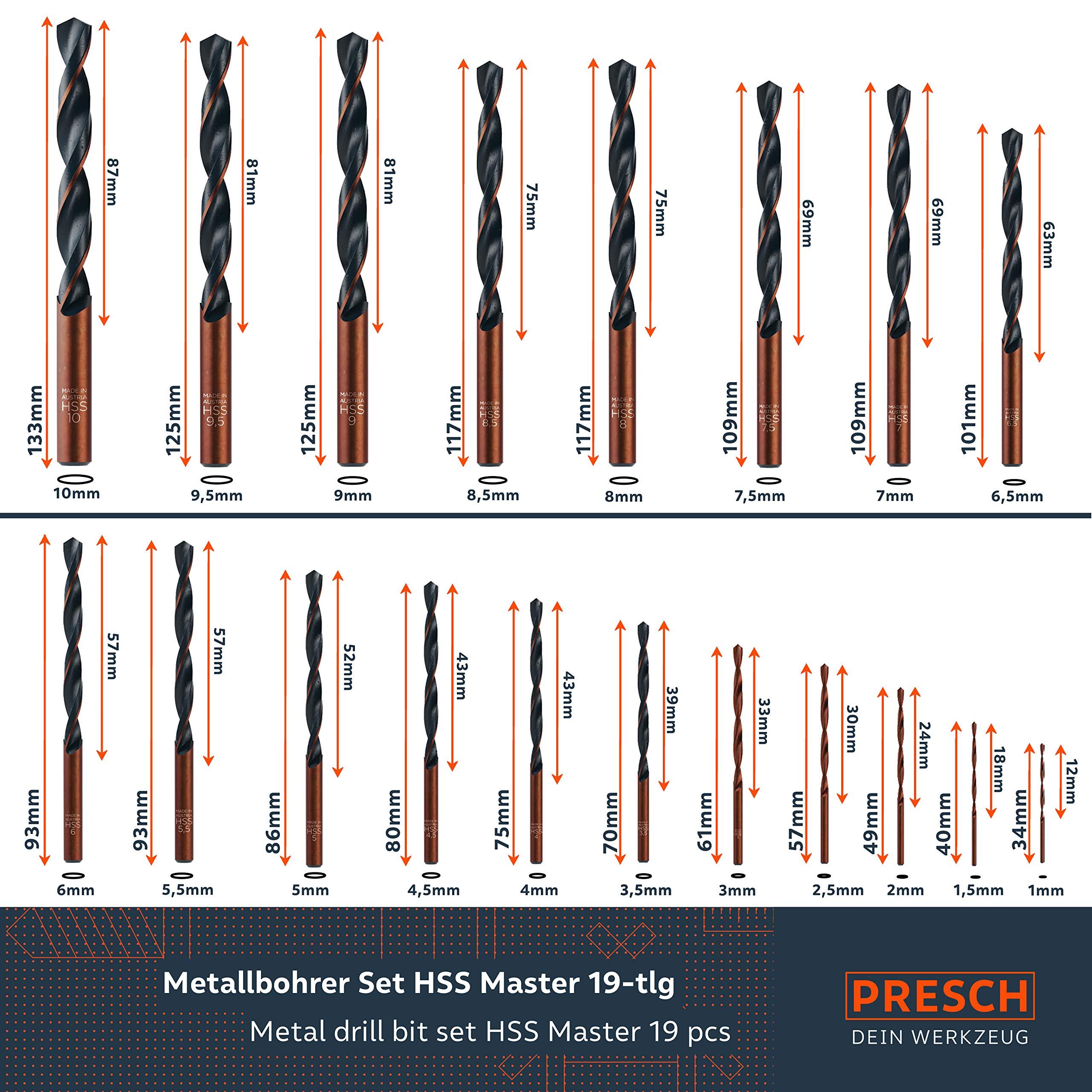 Presch Brocas para Metal HSS Master 19 pzas. - Juego Universal de brocas en Espiral de HSS para Taladrar en Acero, Aluminio, Cobre y Latón - Juego de Brocas Metal Profesiona l- Ø 1-10mm
