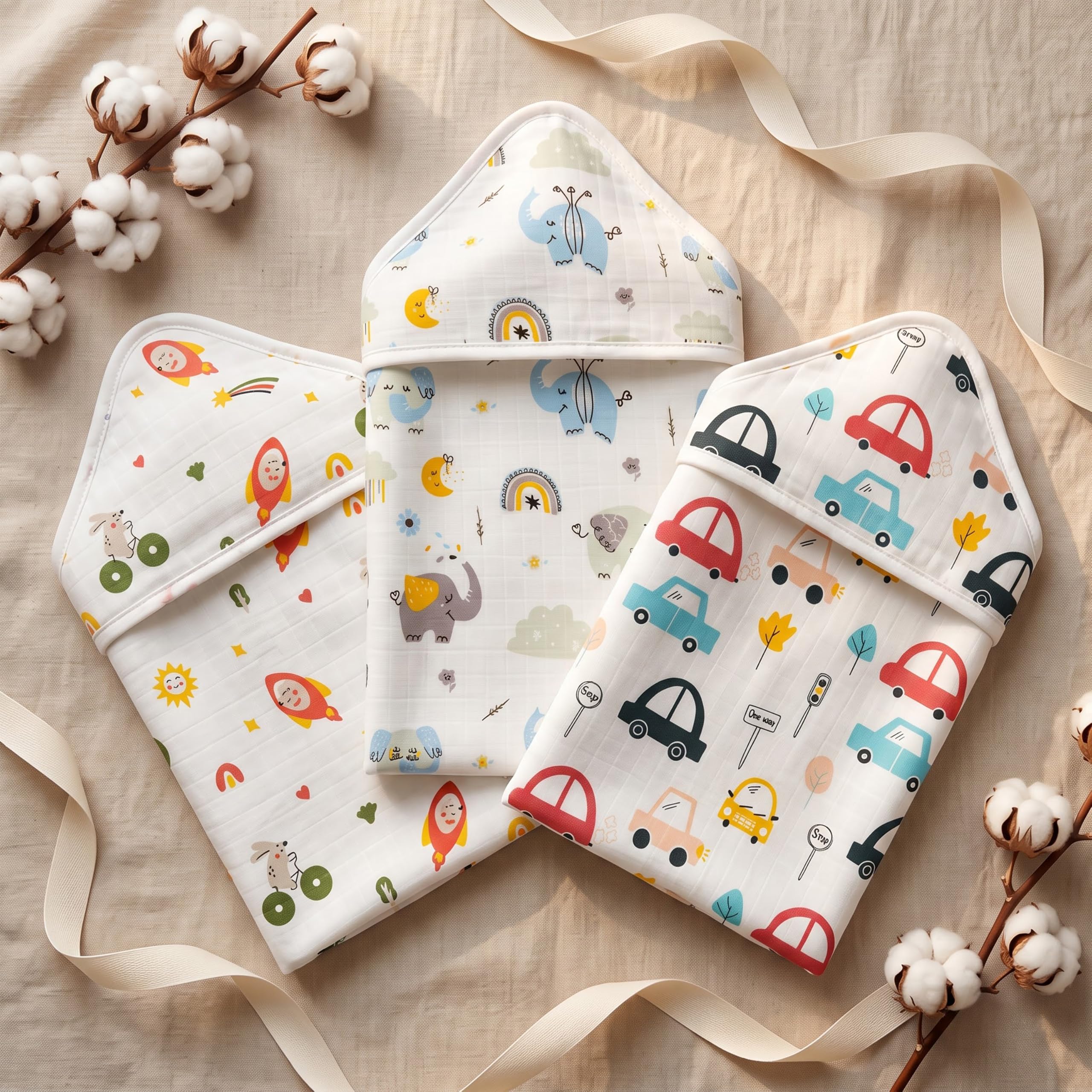 StarAndDaisy Muslin Hooded Baby Towel Set of 3, Soft & Breathable Multipurpose Baby Bath Towels with Hood for Newborn & Babies-image-47