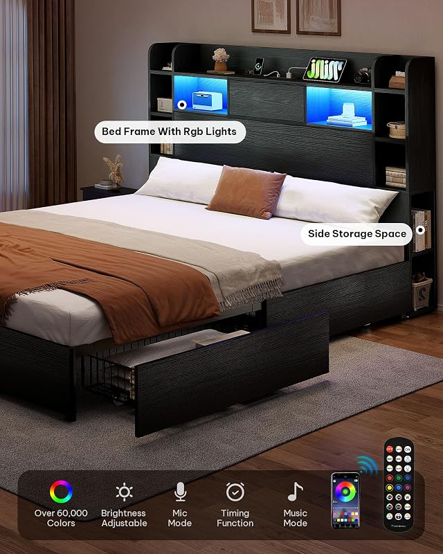 YITAHOME Queen Size Bed Frame with Bookcase Headboard and 4 Storage Drawers image 3