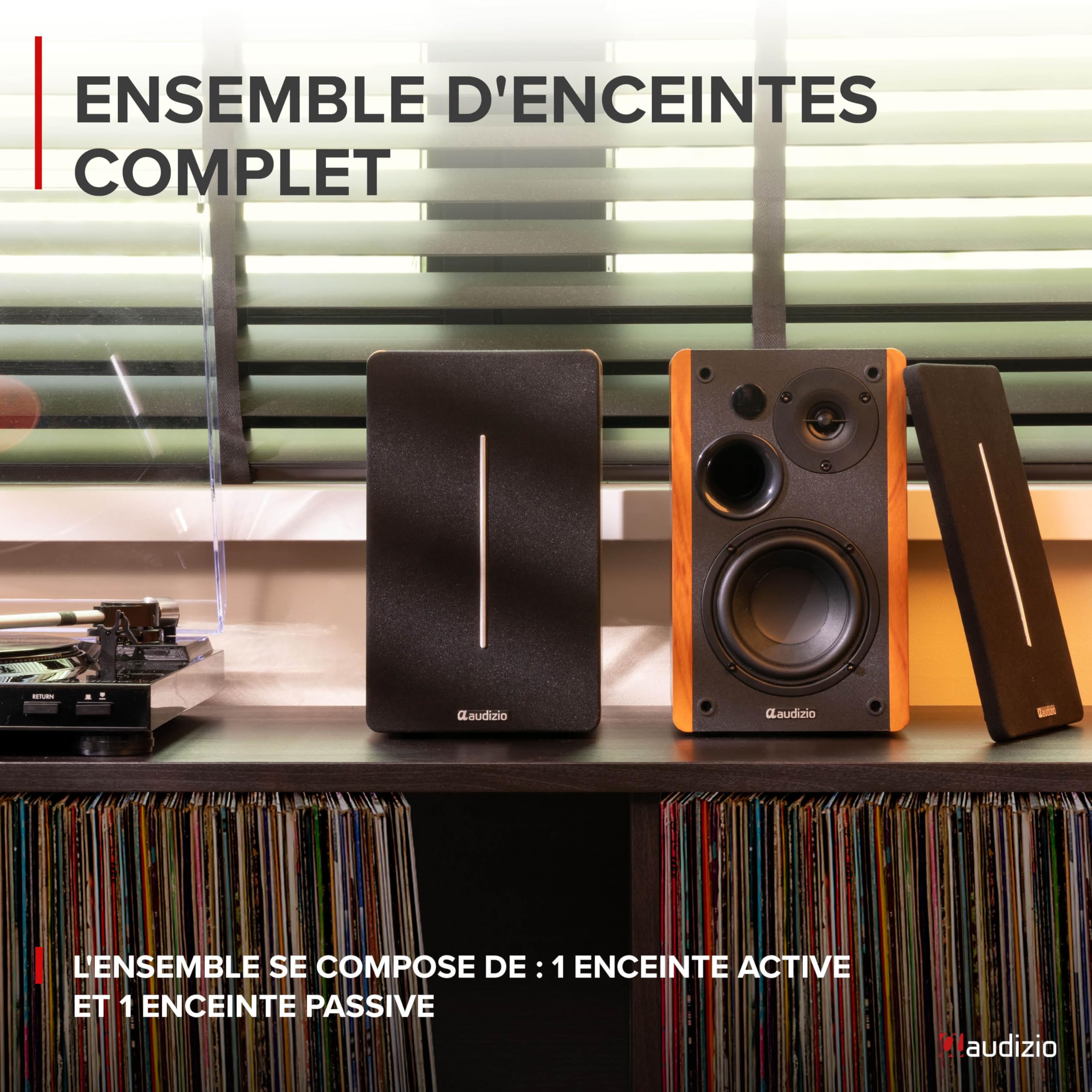 Audizio KS01B - Paire d’Enceintes HiFi Bibliothèque 120 W Finition Bois | BT sans Fil, Entrées RCA/Optique, Design Élégant, Son Clair et Puissant