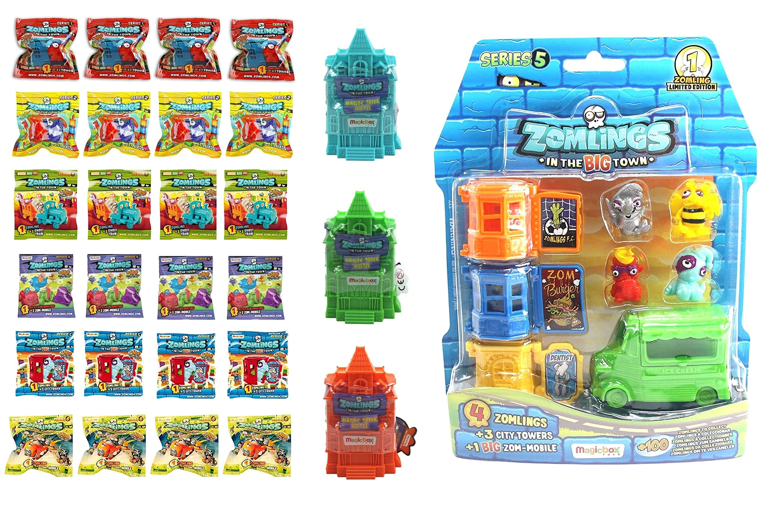 Magic Box Int. Zomlings in The Town 28 Piece Mega Set RRP Over $90 - 24 Blind Party Surprise Bags Series 1-6, 3 Trick Hotels & S5 8pc Blister Pack ice Cream Truck