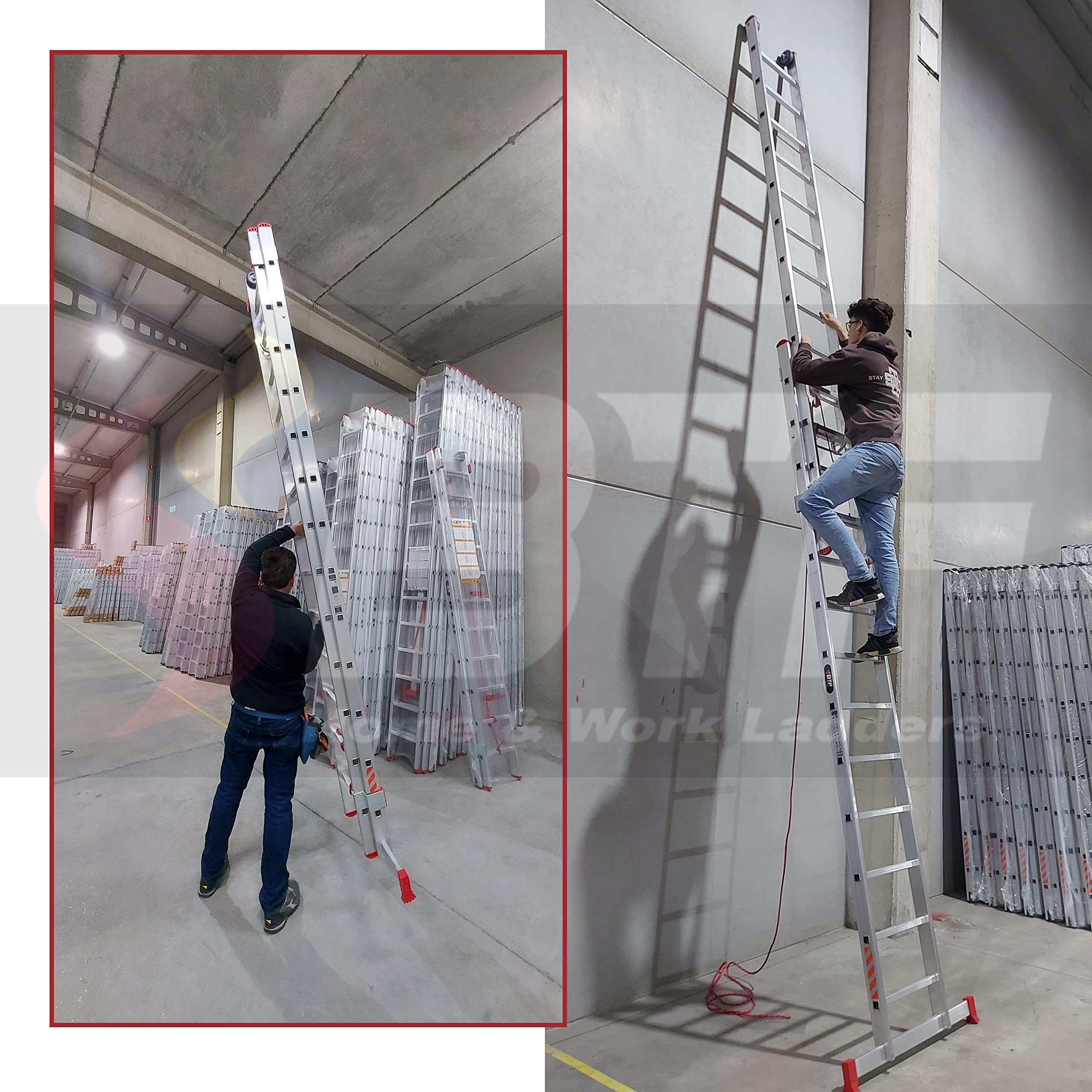 BTF Escalera de Mano Profesional de Aluminio 2 Tramos x 11 Peldaños, Extensible por Cuerda, Altura Extendida 5,6m, Barra Estabilizadora | Uso Profesional, Carga 150kg, Norma EN131. Ref: BTF-EDEAC8035
