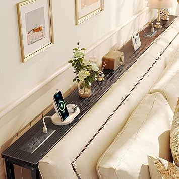 SUPERJARE 86.6 Inch Sofa Table with 2 Power Outlets and USB-C Ports, 5.9 Inch Narrow Console Table with Storage, Long Entryway Hallway Couch Table Behind Sofa, Small Spaces, Living Room, Black