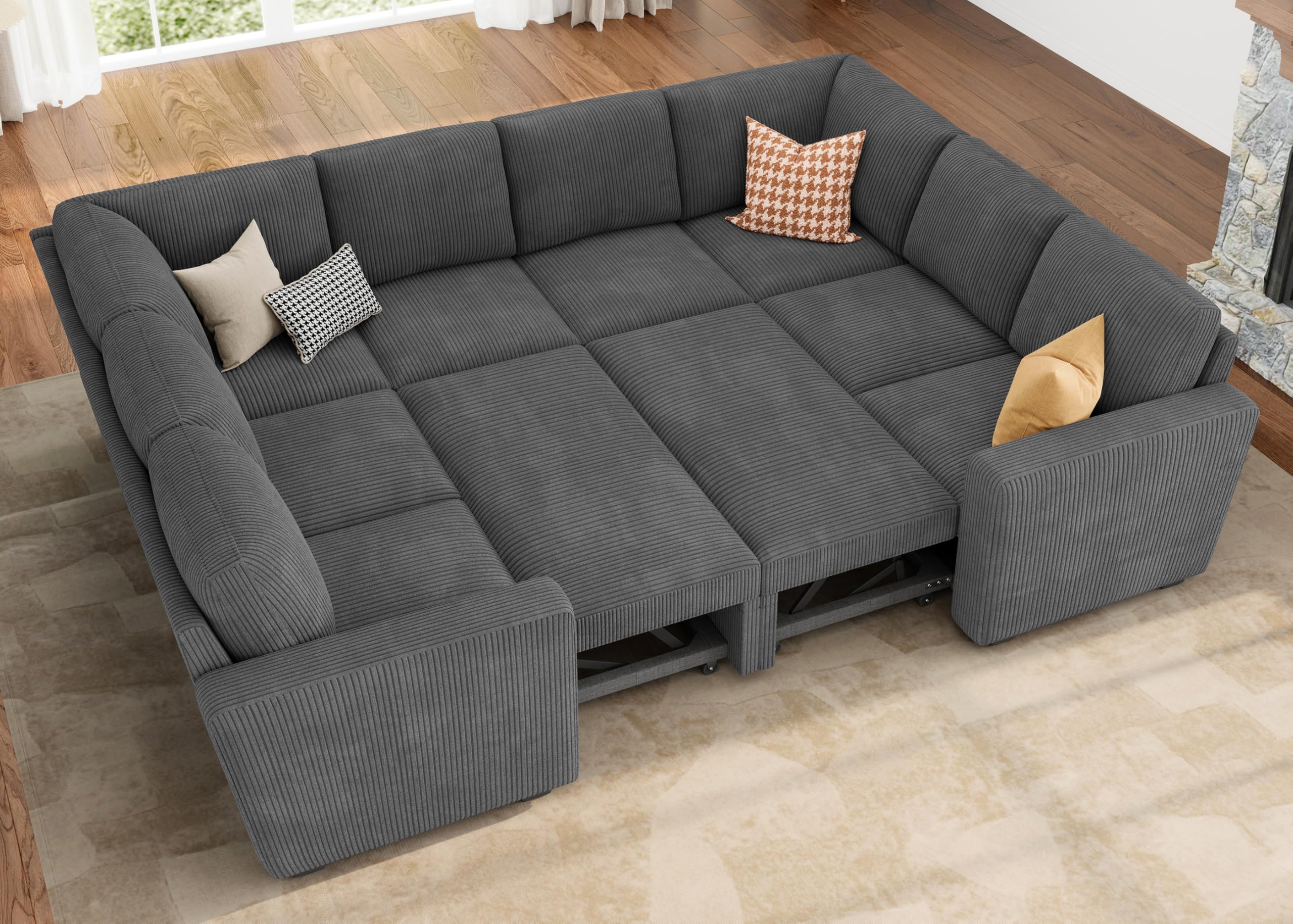 HONBAY Modular Sectional Pull Out Couch Bed, Corduroy Sleeper Sofa with Storage Seats, Oversized U Shaped Sectional Couches for Living Room, Dark Grey