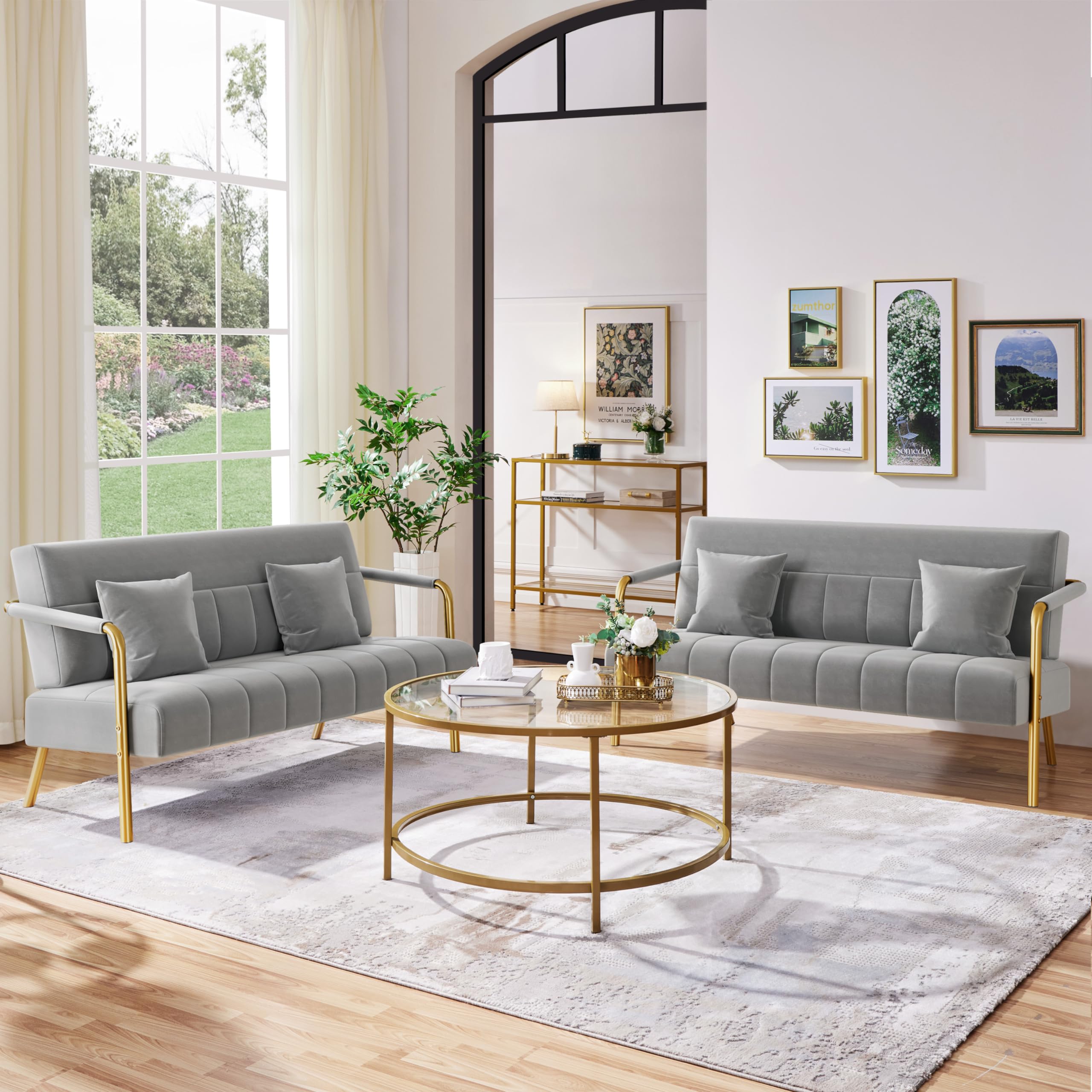 Yaheetech Divano Imbottito a 2 Posti in Velluto Divanetto da Salotto con Braccioli 143,5 cm × 71,5 cm × 75,5 cm Sofa Moderno con 2 Cuscini Divano per Soggiorno Camera da Letto Grigio Chiaro