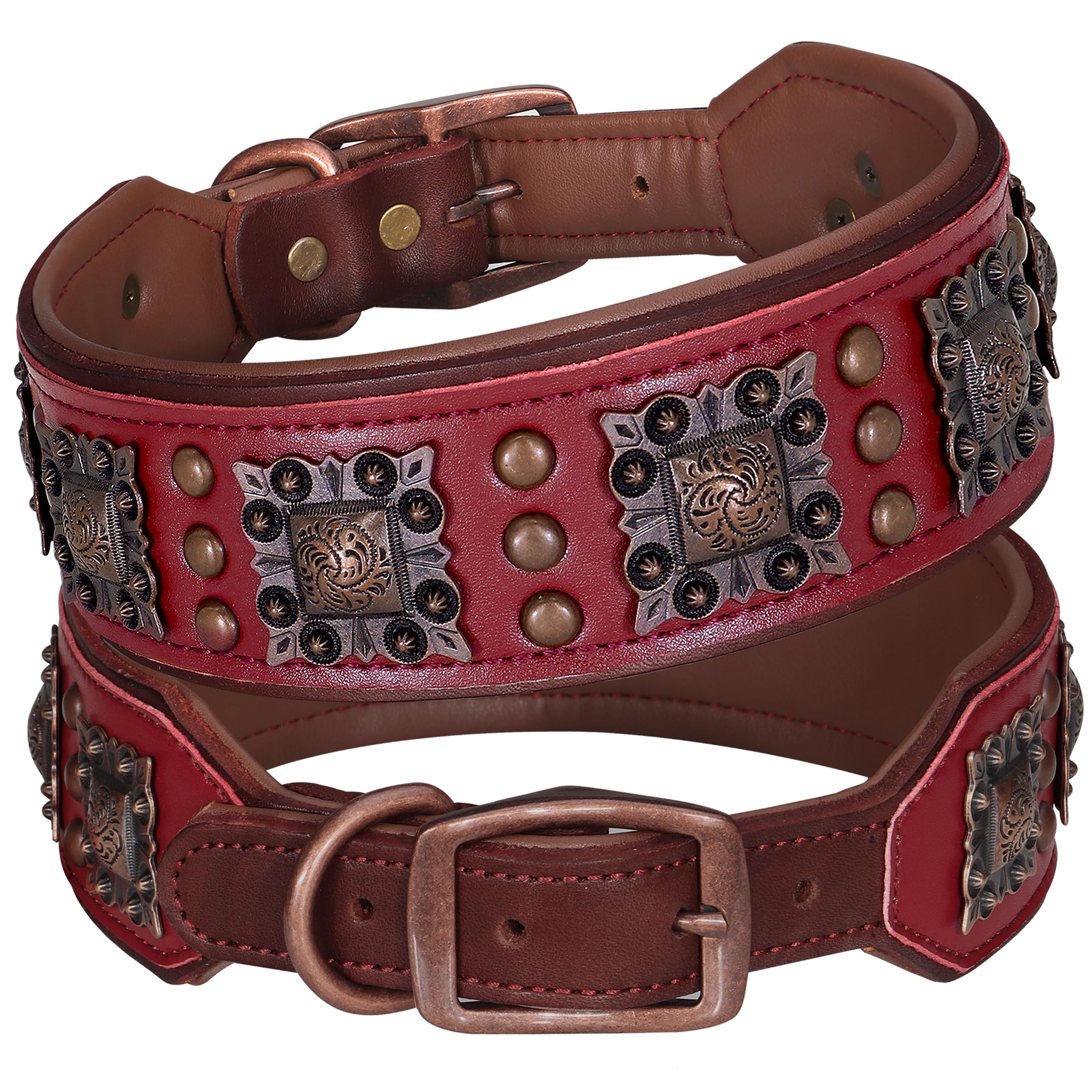 PET ARTIST Upgrade Padded Leather Dog Collar, 2 inch Wide Genuine Leather Dog Collars with Strong Studded Rivet & Metal Buckle, Adjustable Large Dog