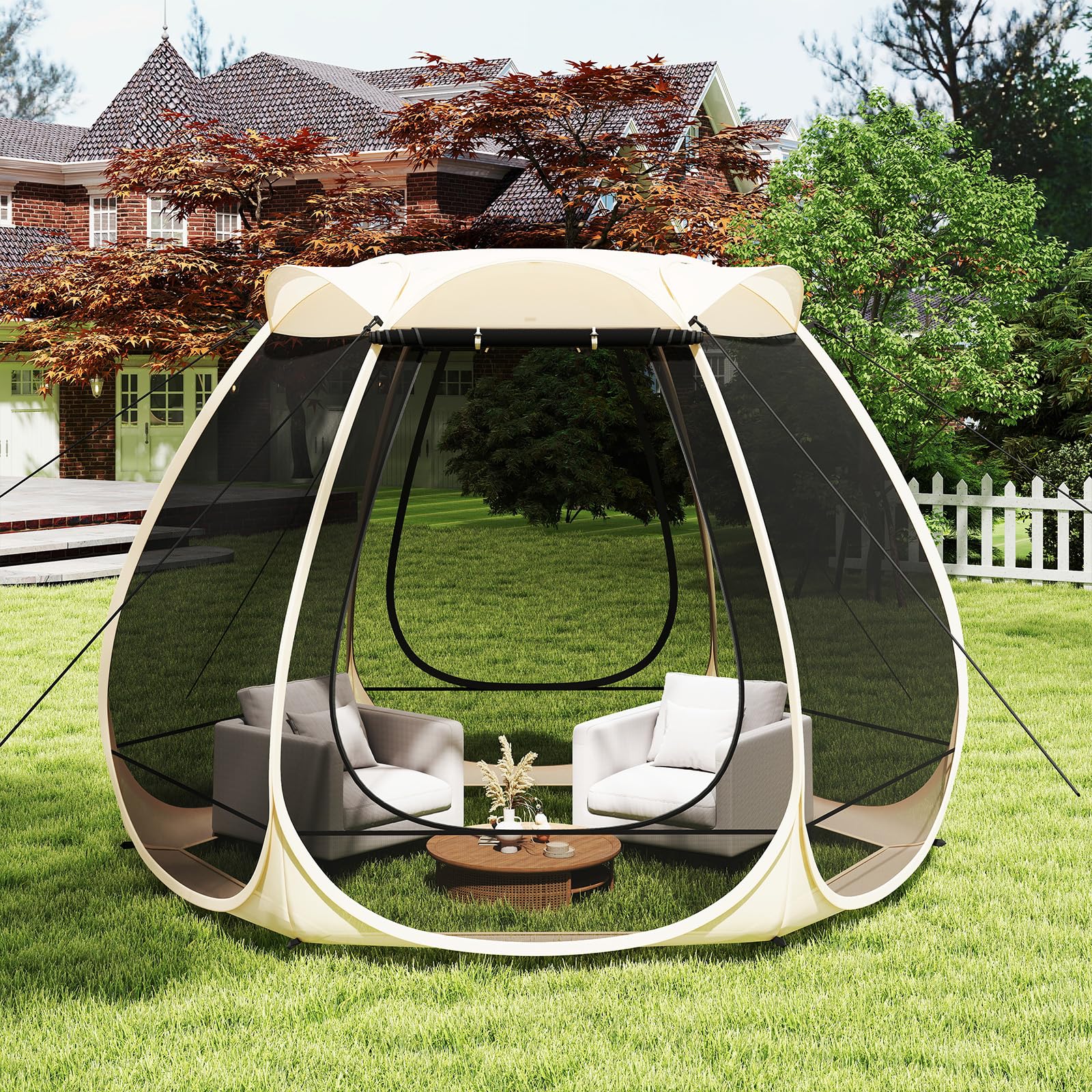 GOPLUS Tente Bulle Pop-Up 312x269x210 CM pour 4-6 Personnes, Dôme Extérieur Transparent en Fibre de Verre avec Porte Enroulable et Piquets, Cordes Anti-Vent, pour Camping/Pique-niques/Sport