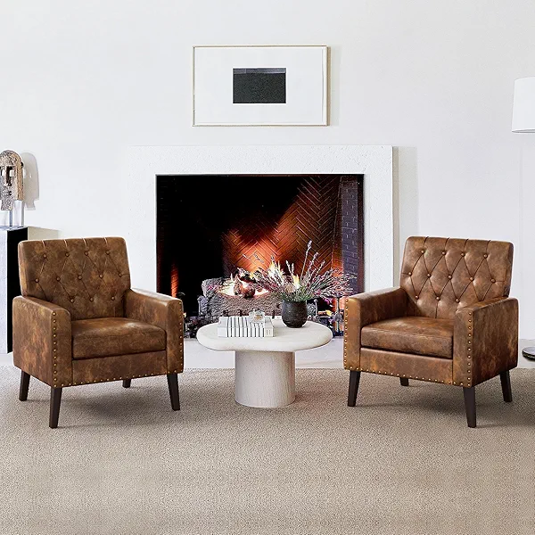 LUE BONA Yellowish Brown Faux Leather Accent Chairs Set of 2 18.5" H, Button Tufted Arm Chairs, Comfy Living Room Chair with Arms, Upholstered Modern Armchair for Living Room, Bedroom