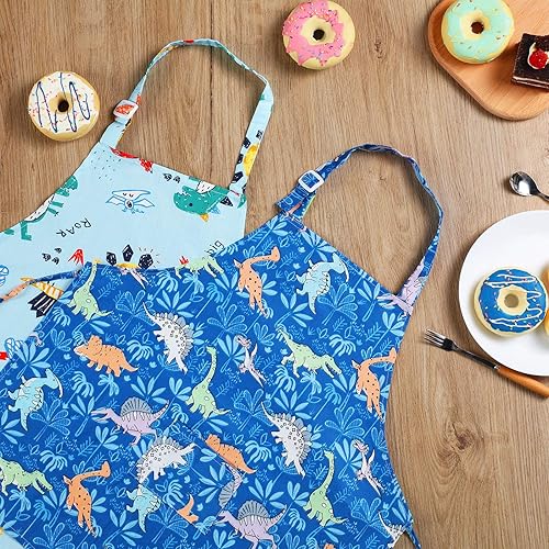 Miniatura 5 de Geyoga 2 delantales de dinosaurio para niños y niñas, con bolsillo para cocinar, cocinar, cocinar, niños pequeños, delantal de dibujos animados con