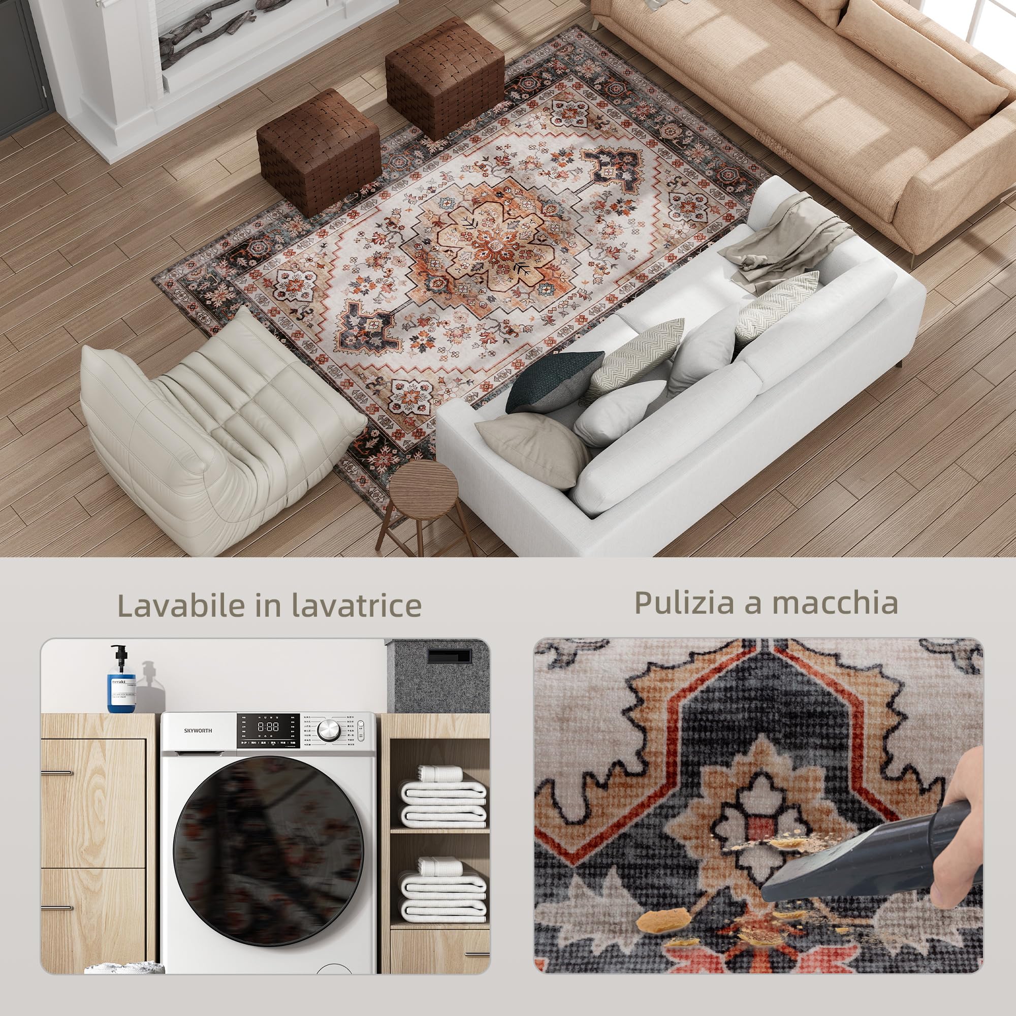HOMCOM Tappeto Stile Bohemien Antiscivolo e Lavabile 230x160 cm Marrone | Tappeto per Salotto e Camera da Letto, Pelo Corto