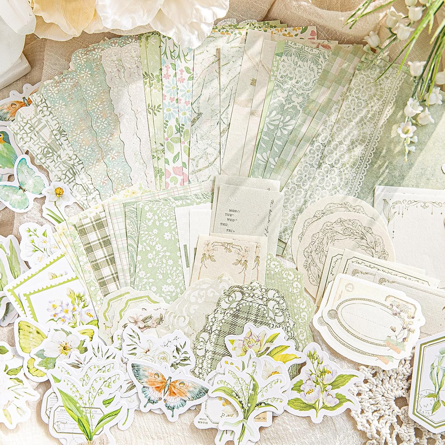 OKUPAN Vintage Floral Scrapbook Supplies Kit with Scrapbook Paper & Journaling Stickers (100pcs) - (Green) Junk Journal Supplies for Bullet Journaling, Retro Crafts, Planner, Mixed Media, Card Making image 2