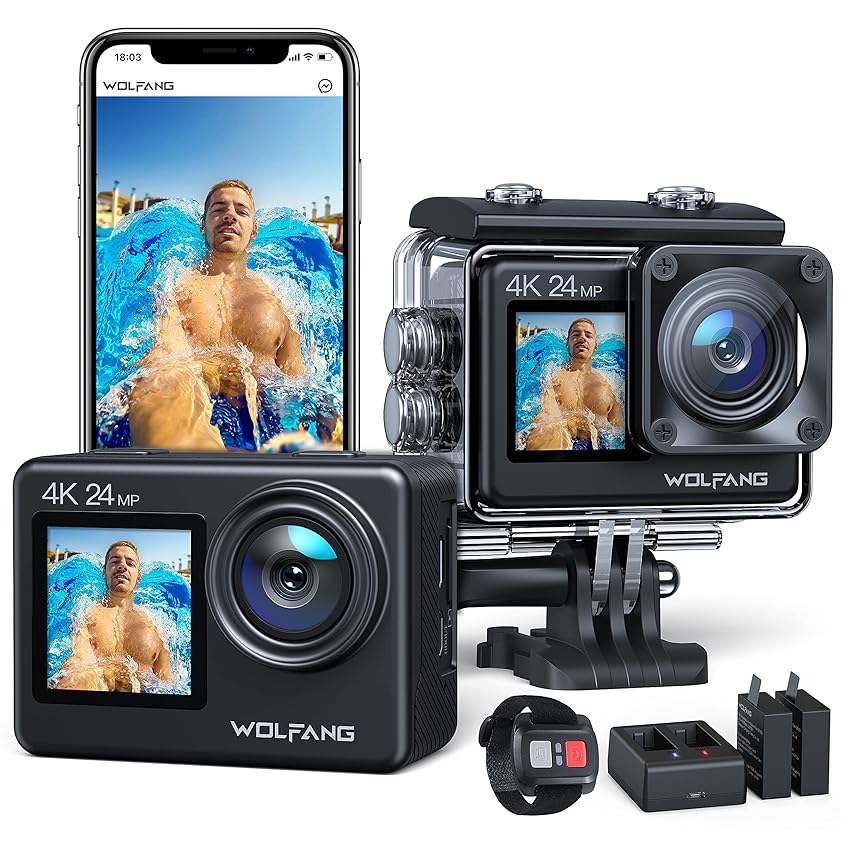 Immagine del prodotto WOLFANG Dual Color Screen Action Cam GA200 4K 24MP WiFi Fotocamera 40M Impermeabile Subacquea Videocamera Casco Anti-Shock con Telecomando 2.4G, Caricabatterie, Batterie 2x1050mAh e Accessori
