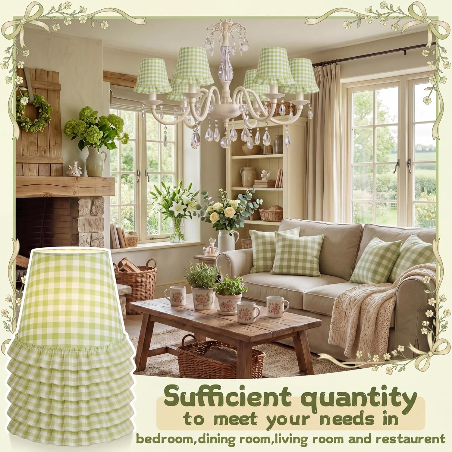 Condition photo showing New/Like New for gerrii set of 6 green gingham ruffled chandelier lamp shades 3.9" x 6.3" x 5.1" small lamp shade clip on bulb for chandeliers vintage decor for wall ceiling room bedroom, easy assembly sage green gingham ruffled