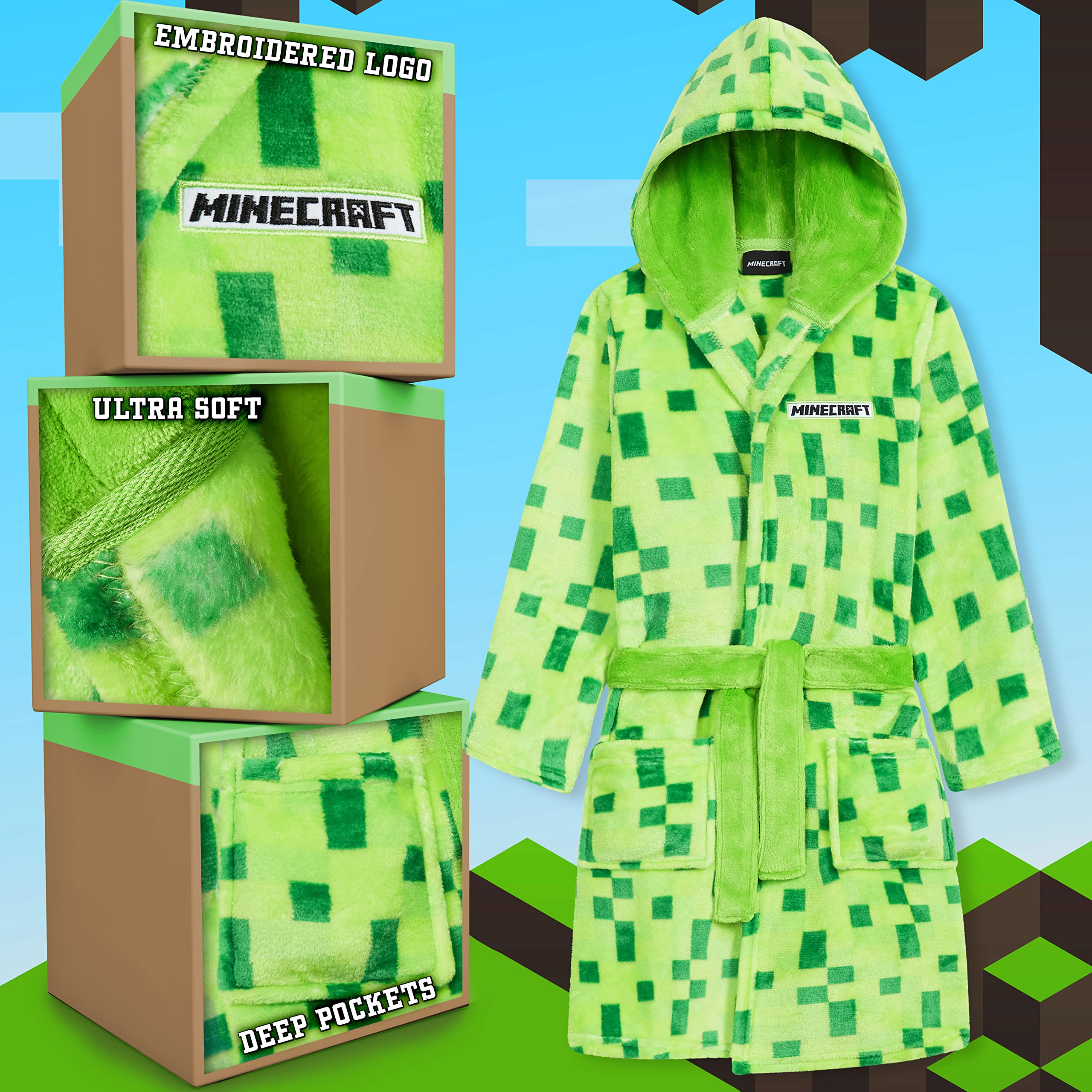 Minecraft Szlafrok dla chłopców, polarowy szlafrok z pikselami dla graczy, 5-14 lat, oficjalny towar, prezenty dla dzieci i nastolatków na urodziny i Boże Narodzenie