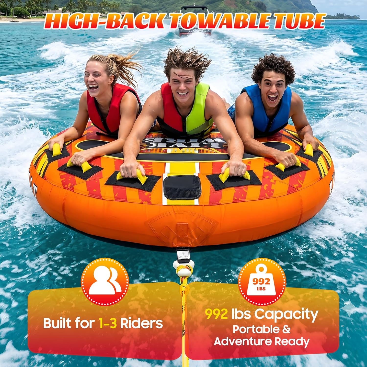 Towable Tubes for Boating Water Tubes - 3 Person Flying Saucer, Heavy Duty Boat Tubes & Towables, EVA Foam Pads, Drainage, Quick Connector F-1015 F-1017 F-1020