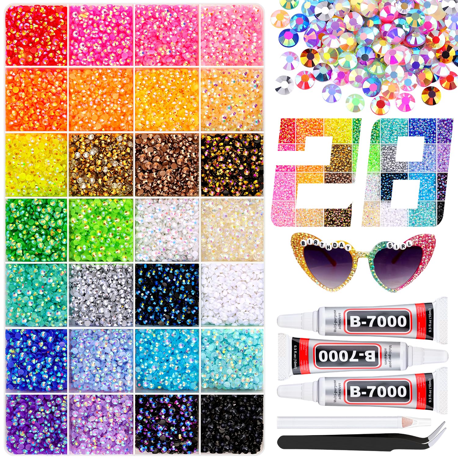 26000 Pieces Resin Rhinestones with 3 Pieces Jewelry Glue B7000 for Crafts, Multicolor 3mm Non-Iron on Gems, Dazzling Crystal for Crafts, Clothing