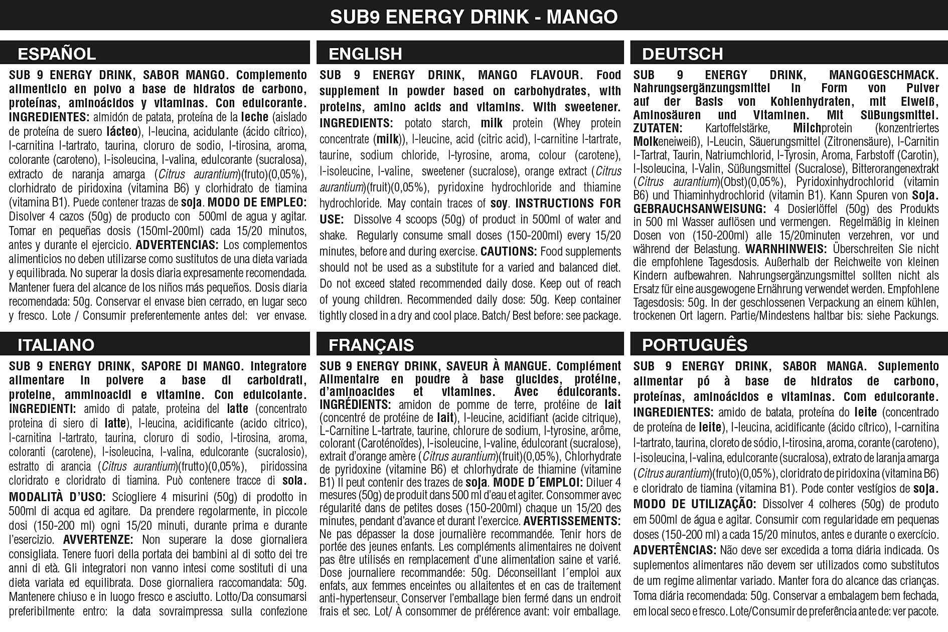 226ERS Sub9 Energy Drink | Boisson Energisante en Poudre avec Protéine, BCAA, Tyrosine, Taurine et L-Carnitine | Mangue - 1 kg