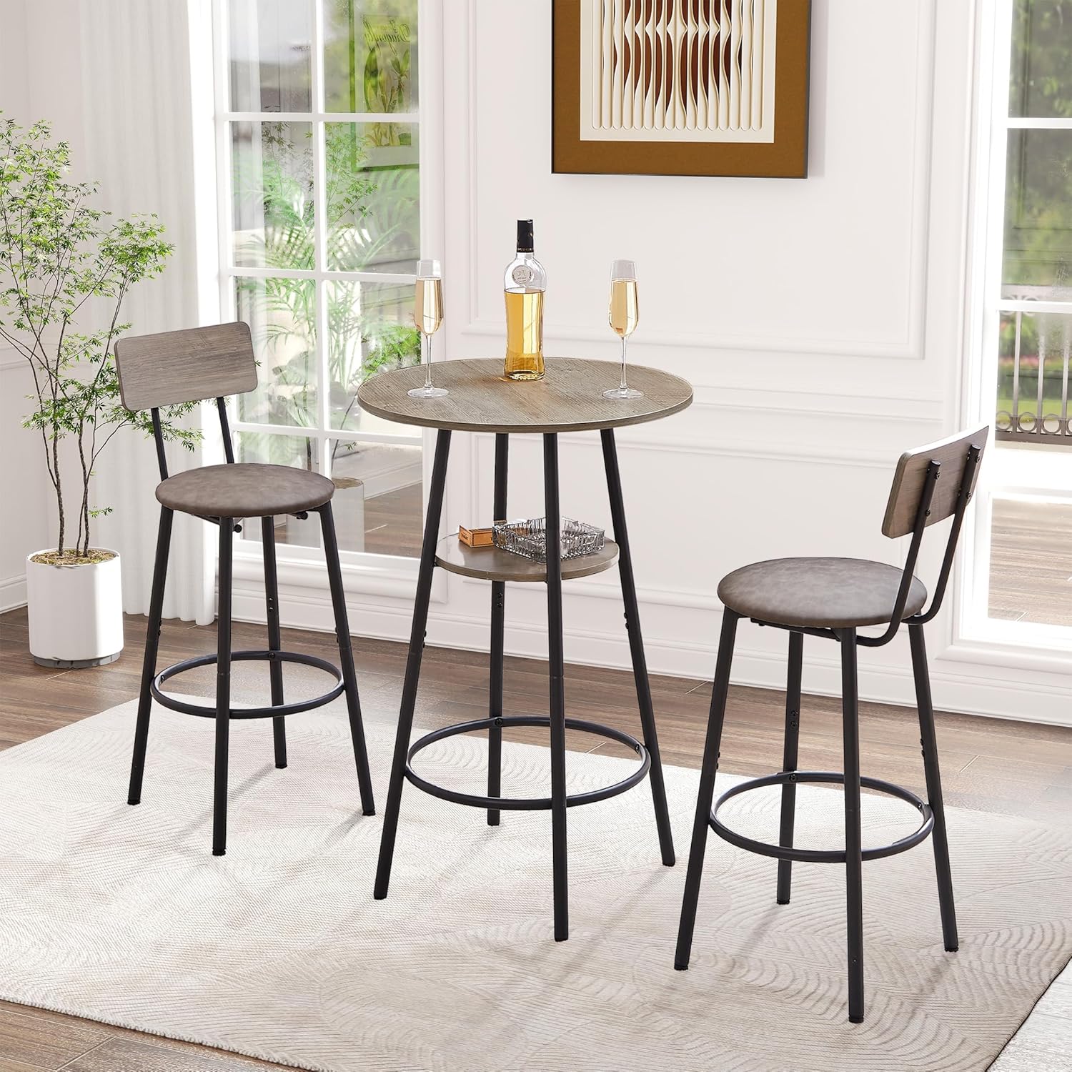 Bar Table and Chairs Set of 3, Round Bar Table with Stool, Kitchen Bar Table, Modern Dining Table Set, Pub Table and Chairs Set for Living Room, Kitchen, Brown&Black