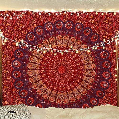 Tapiz hippie indio bohemio psicodélico dorado mandala de pavo real azul dorado para colgar en la pared (marrón dorado, granate, individual (54 x 72