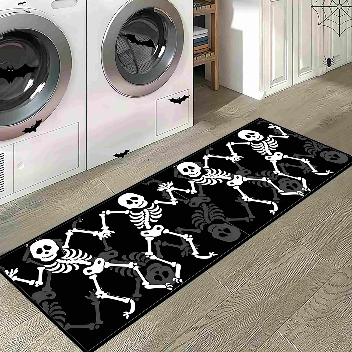 Skull Runner Rug,Black Soft Long Strip Carpet,Skeleton Party Rugs,Washable Non-Slip Kitchen Mat,Durable Lint-Free,for Laundry Room Entrance Hallway Dining Room Living Room.(Carpet9, 2x7ft)