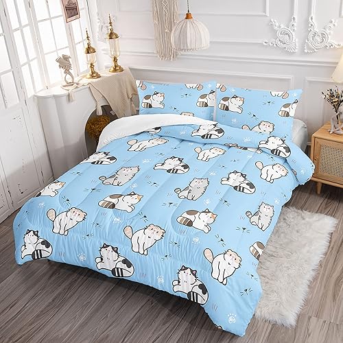 Miniatura 4 de Datura home - Juego de ropa de cama edredón de gato Kawaii azul para niñas, bonito estampado de gatitos, juego de ropa de cama con 1 edredón y 2