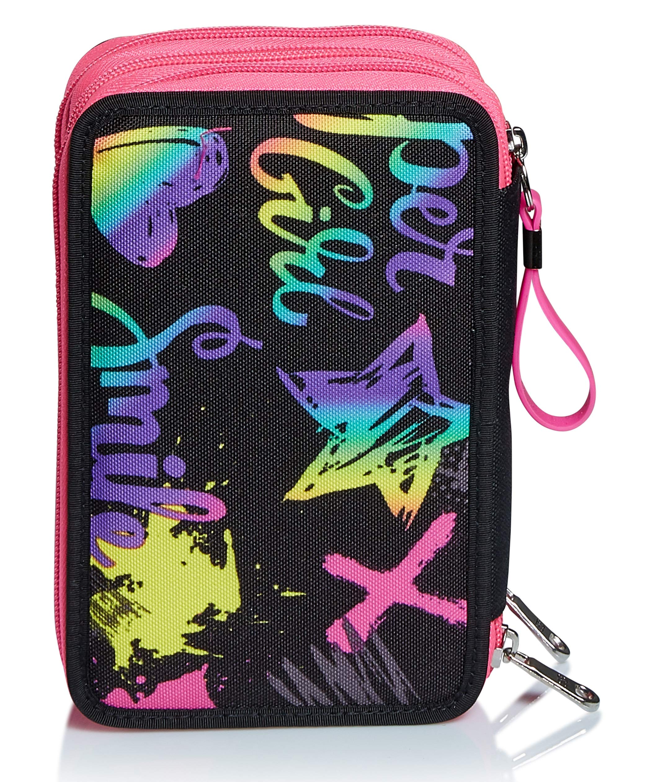 Seven Zaino Scuola Extra Fit, Nero Fantasia, Iridescent, Zaino Doppio Scomparto Super Capiente & Astuccio Scuola 3 Zip, Nero Fucsia, Iridescent