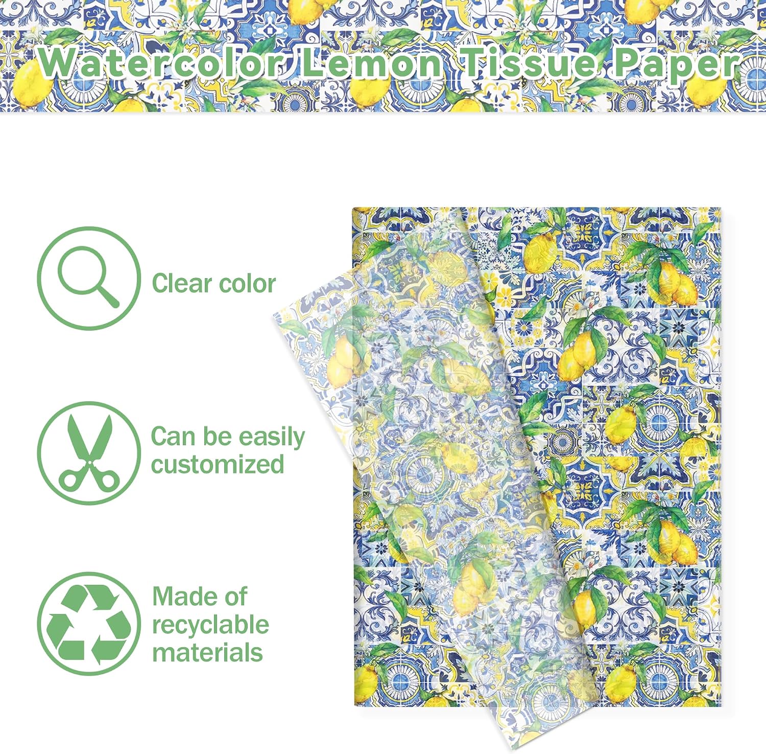 100 Sheets Capri Lemon Tissue Paper - 14x20 Inch Blue Tiles Yellow Lemons Patterns Gift Wrapping Paper for Summer Birthday, Baby Shower, Wedding Party, DIY Crafts Supplies, Gift Packing, 2 Style
