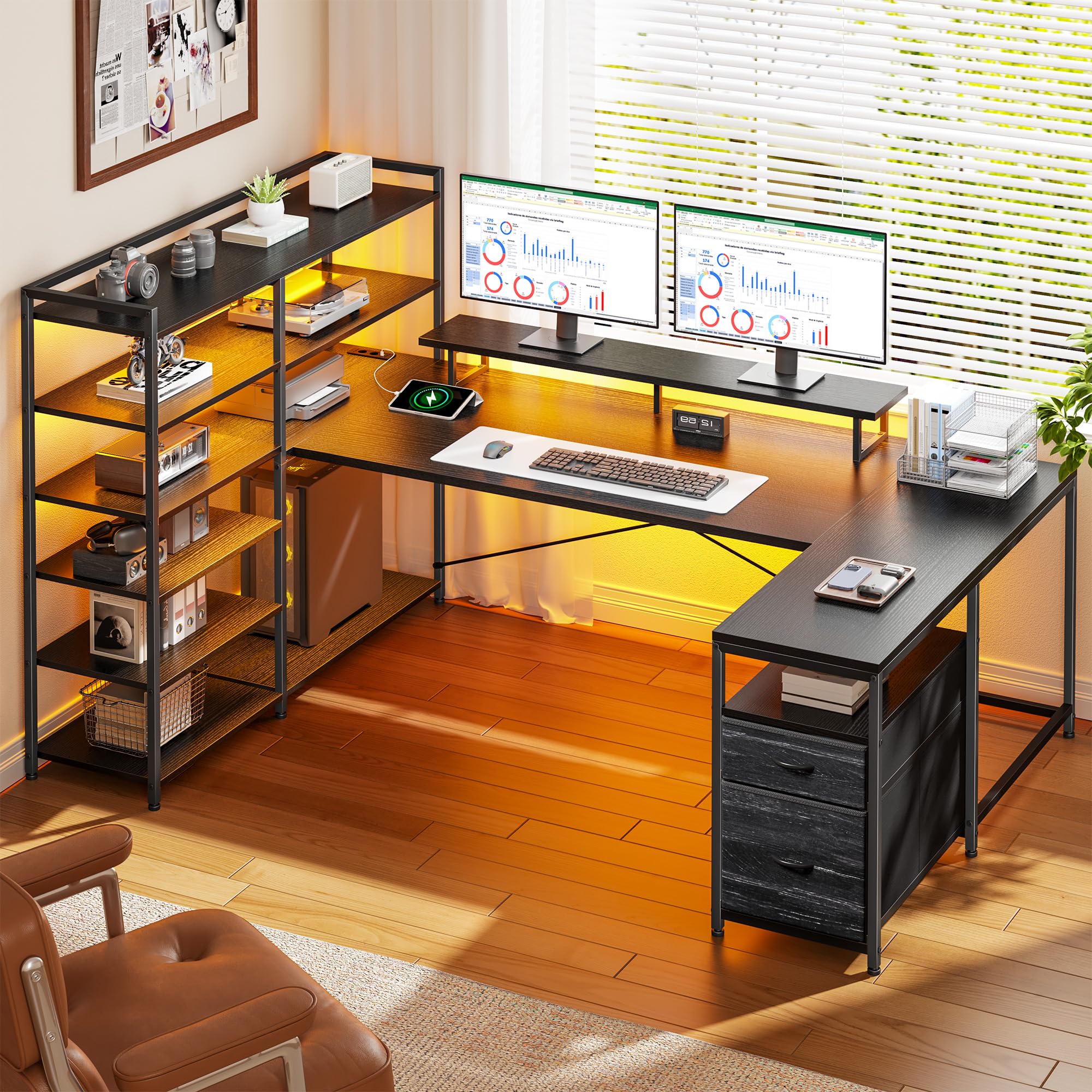 160 × 100cm Eckschreibtisch mit Stauraum und LED | U Form Gaming Tisch mit 2 Schubladen, 6 Regal, Monitorhalterung, Steckdosen, Reversibel, für Homeoffice, Gaming, Schwarz