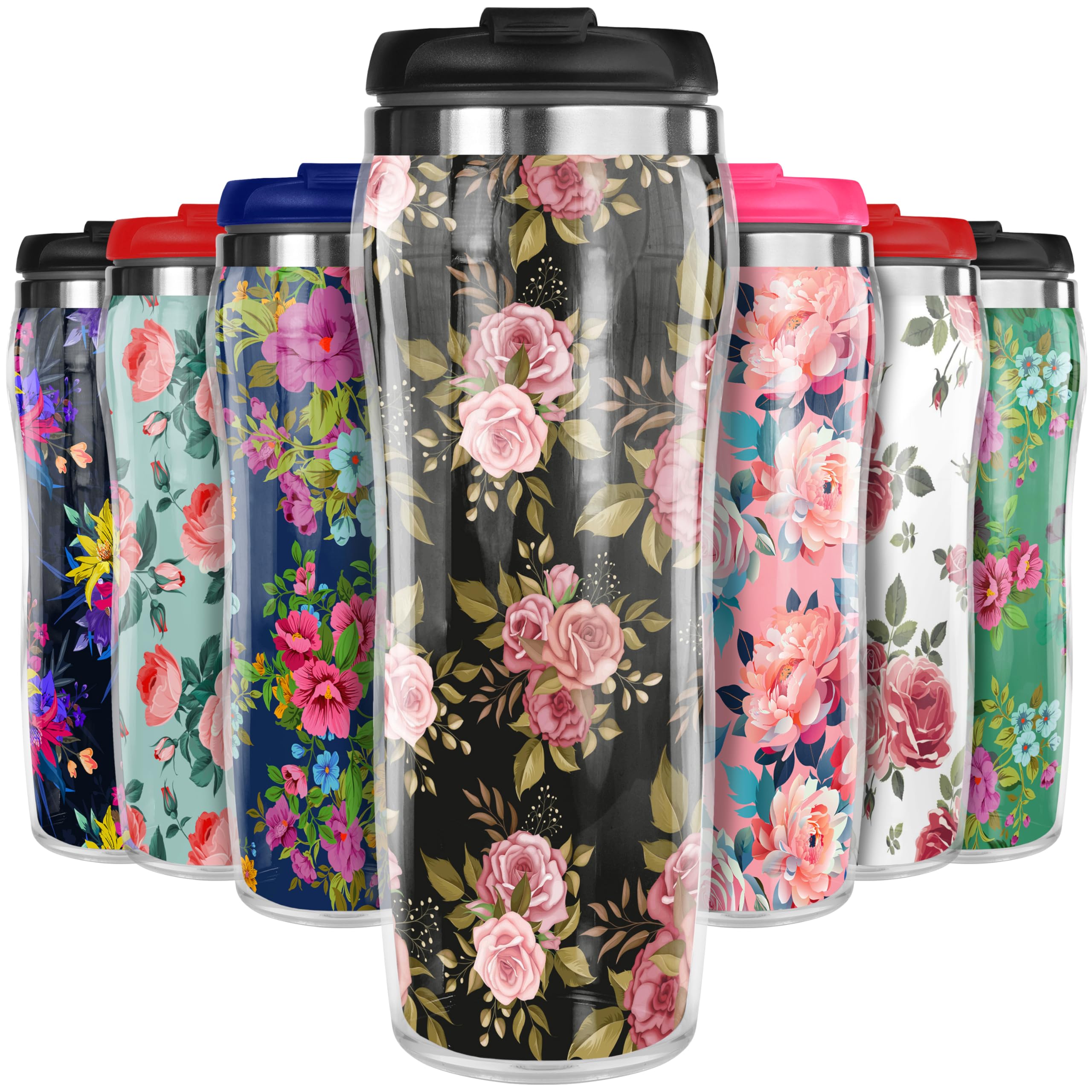 Pixly® Rose Flower Thermal Travel Mug Coffee Tea Flask, 400ml/14oz Capacity, Flower, Floral Pattern - Blush Petal Elegance