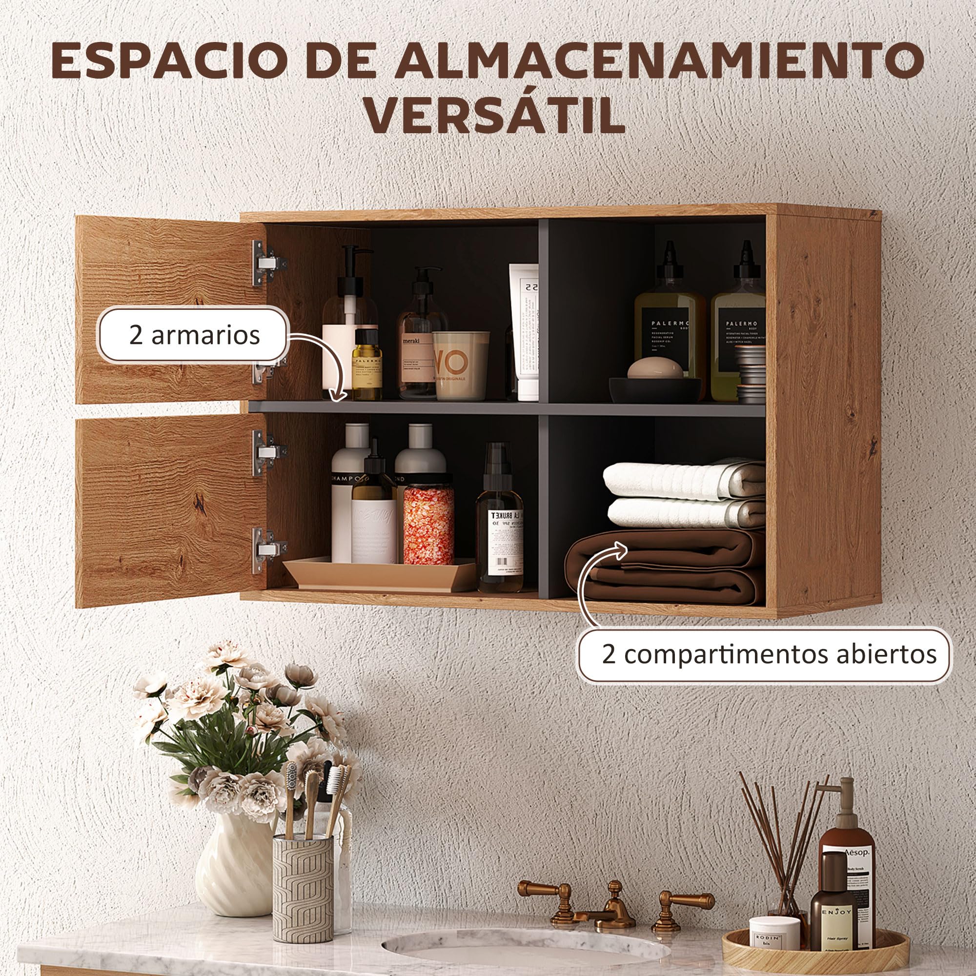 HOMCOM Mueble Auxiliar de Baño 2 Puertas Moderno 80x35x57,5 cm Natural | Armario de Baño de Pared, Compartimentos Abiertos de Almacenamiento, para Entrada Cocina