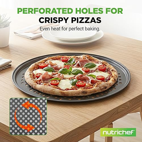 Vista 7 de NutriChef Sartén antiadherente para pizza de 12.8 pulgadas para horno, bandeja para hornear pizza de acero al carbono con agujeros de flujo de aire