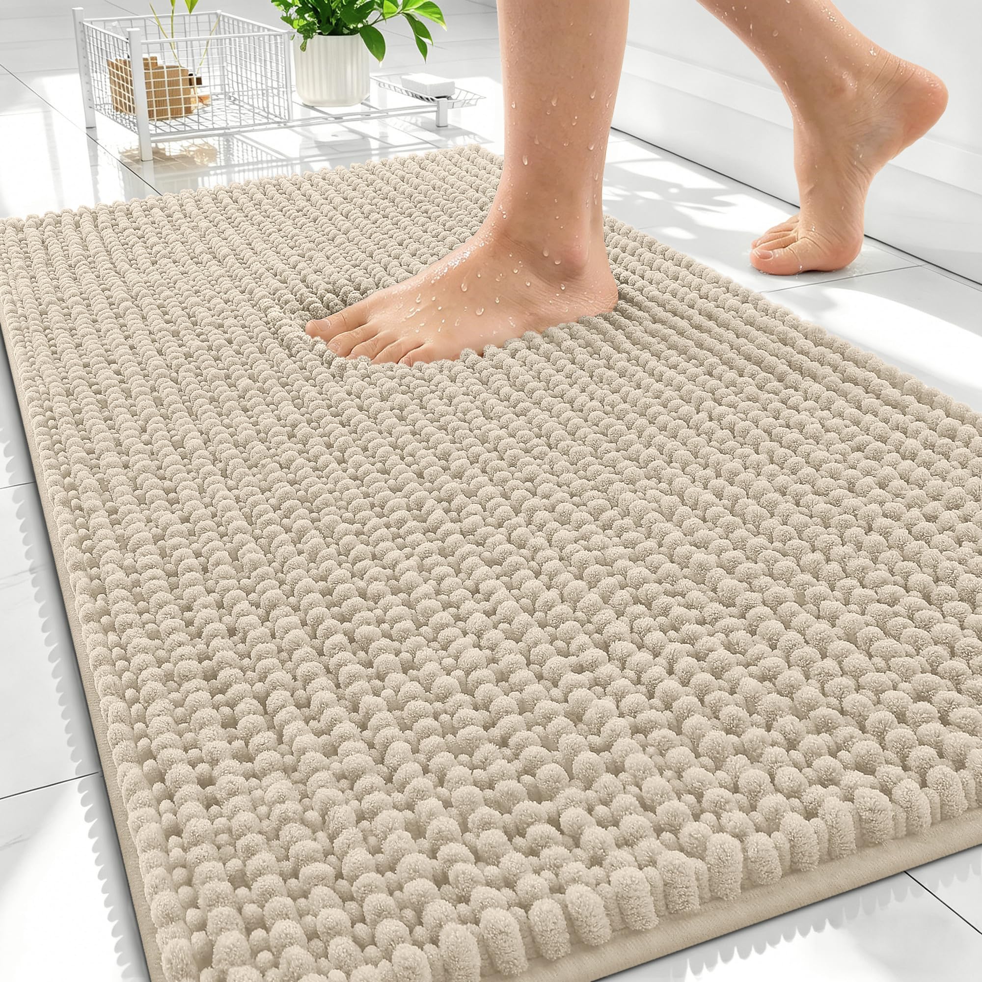 OLANLY Thick Chenille Bathroom Rugs 34x21, Soft Absorbent Bath Mat, Sand