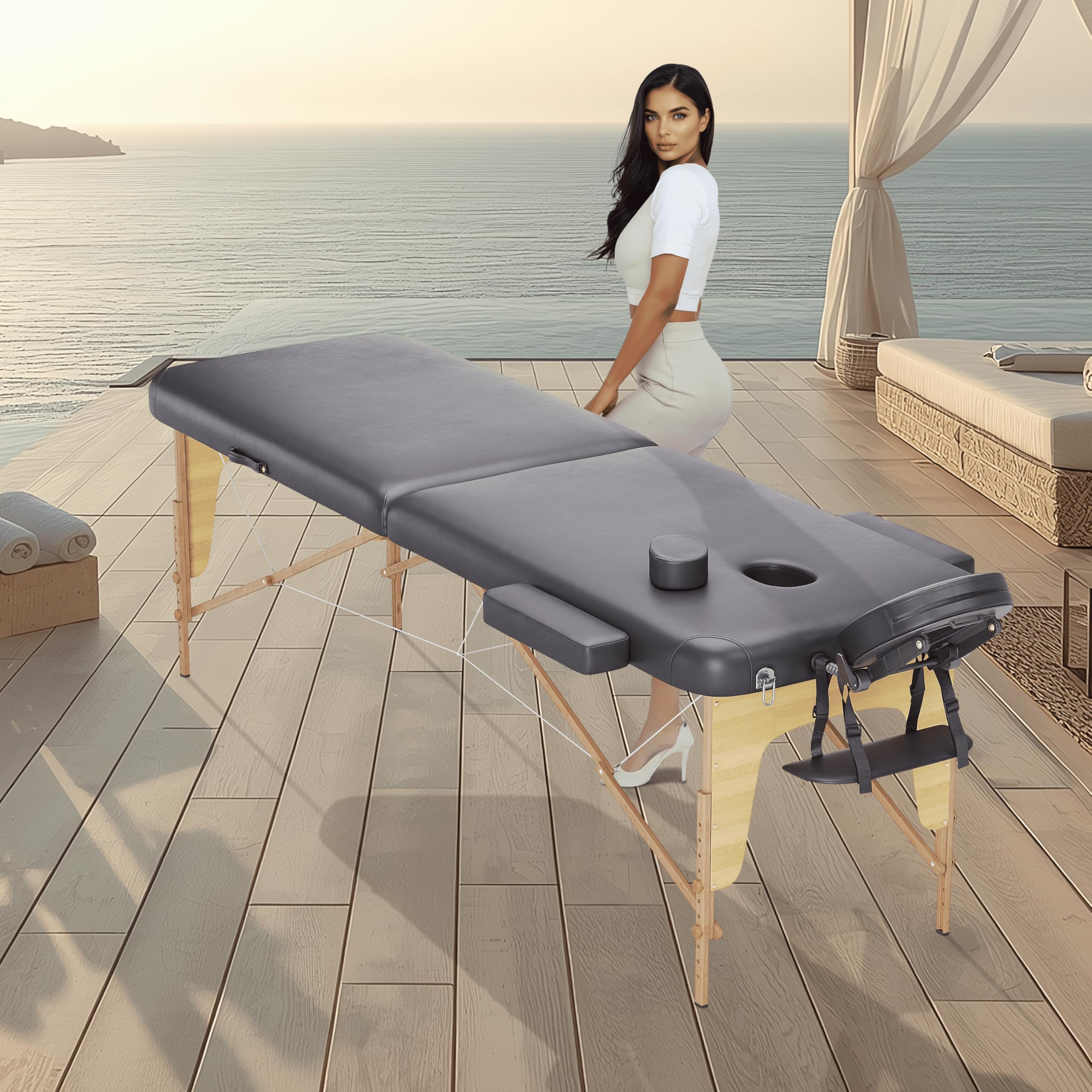 Beltom® Lettino da Massaggio 2 Zone in Legno Portatile 180 x 60 cm. - Borsa da Trasporto - PESA Solo 11,7 kg - Pannello Reiki - Angoli ARROTONDATI E RINFORZATI - Fisioterapia Tatuaggi Relax - Nero - 2