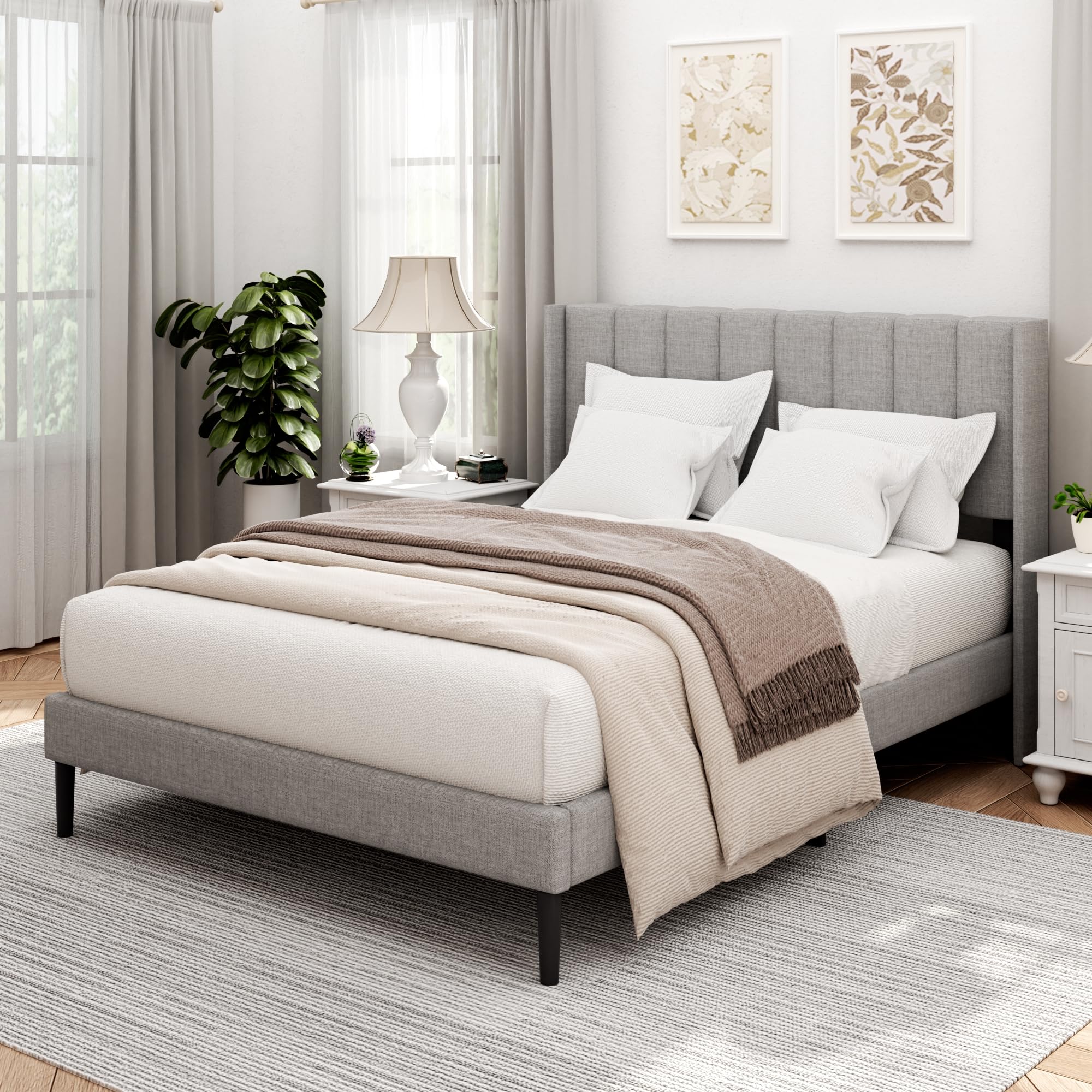 Sismplly Full Size Bed Frame and Headboard,Vertical Channel Tufted Wingback No Box Spring Needed, Mattress Foundation, Easy Assembly Light Grey, Linen