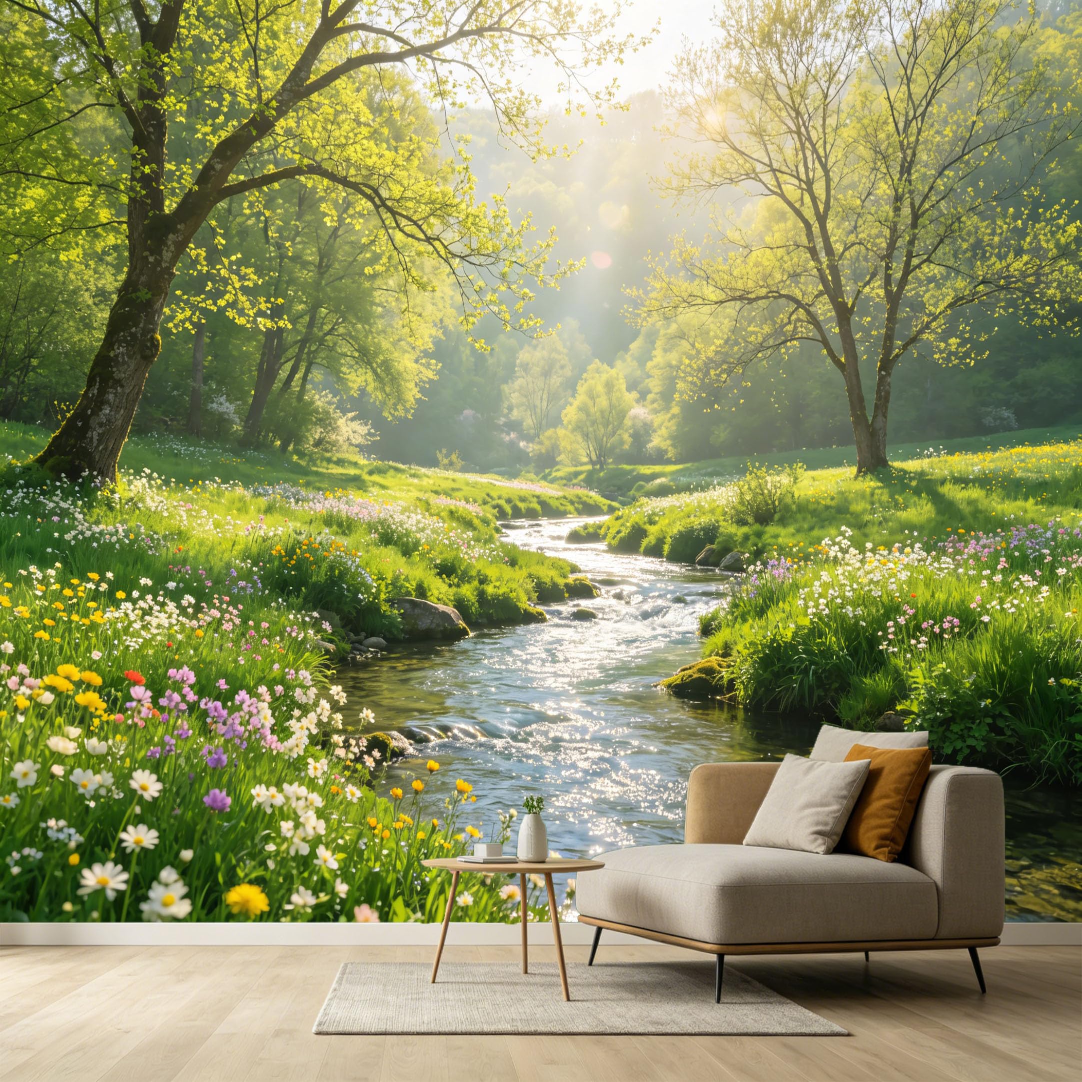 Custom Size Wall Murals Forest Stream Landscape Botanical Watercolor Wildflowers Sunbeams SelfAdhesive Wall Fabric Removable Large Wallpaper for Photo Living Room