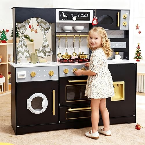 Miniatura 2 de Cocina de juego de madera con luz y sonido, fregadero de juguetes y dispensador de agua con agua corriente, juego de cocina grande para niños