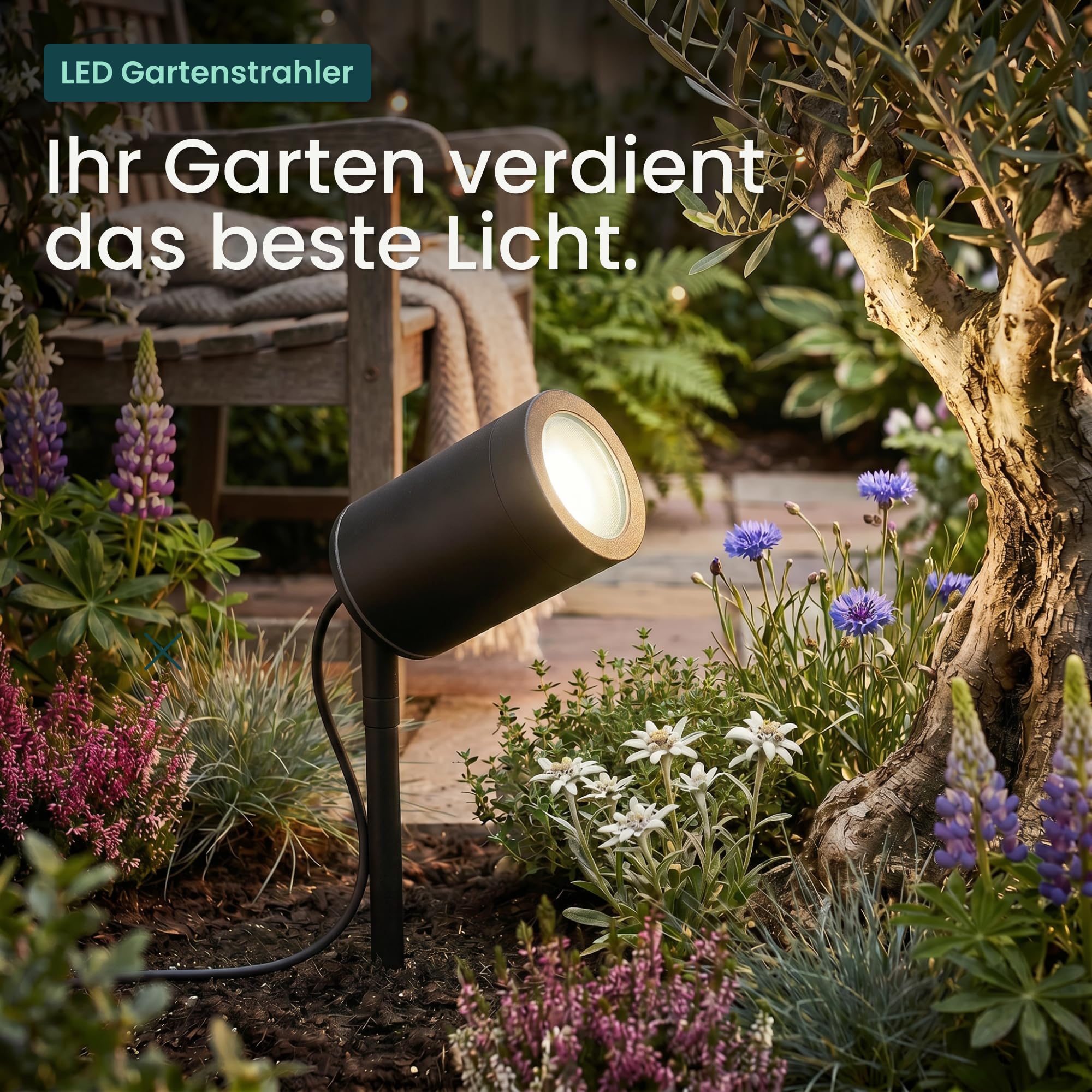 Lambado Premium LED Gartenstrahler mit Erdspieß 5W GU10 warmweiss schwarz wasserfest IP67 schwenkbar 1,5m Kabel