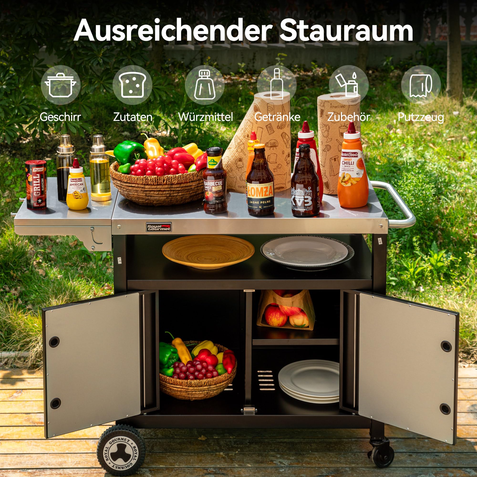 Royal Gourmet Carro de Barbacoa con Mesa Lateral Plegable, Mesa de Barbacoa con asa, Armario bajo, Carro para Barbacoa con Tablero de Acero Inoxidable, Carrito para Servir con Ruedas